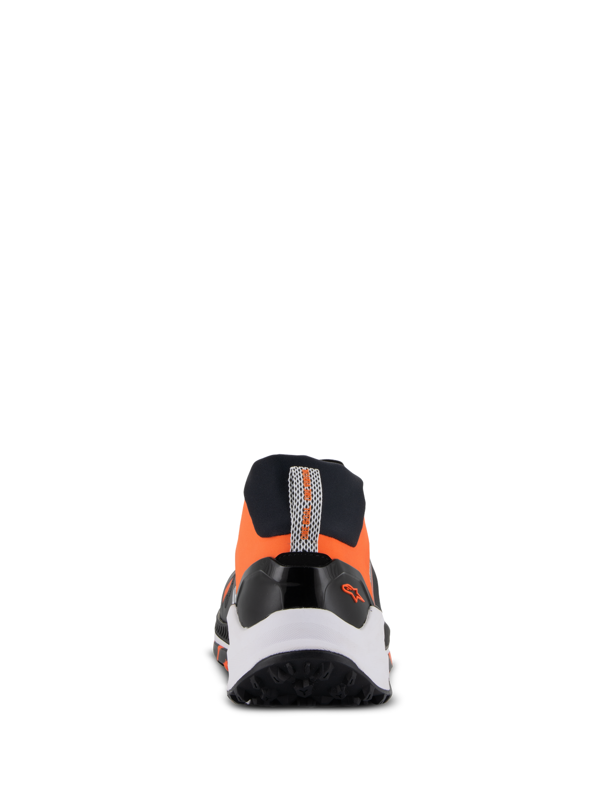 Chaussures Alpinestars Meta XR V2, chaussures de sport décontractées, noir, orange et blanc, vue arrière présentant une semelle en caoutchouc robuste, une semelle intermédiaire blanche et une tige orange avec languette au talon et petit logo Alpinestars.
