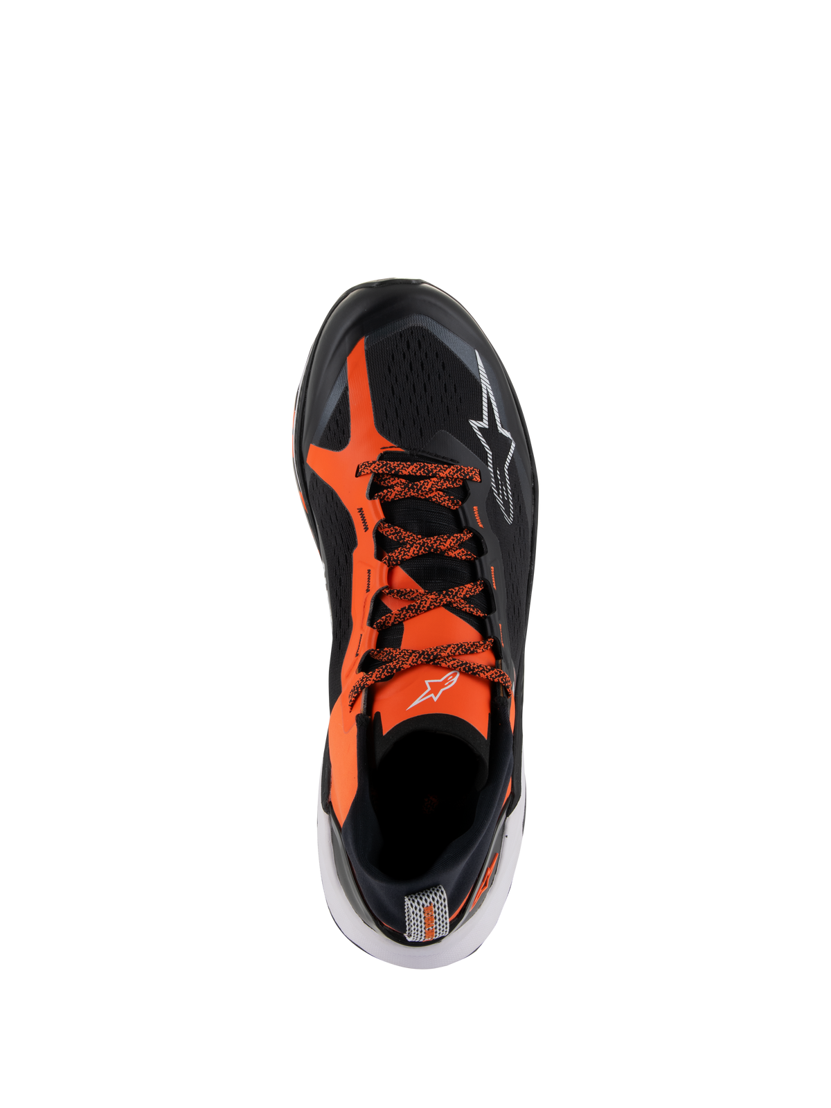 Chaussures Alpinestars Meta XR V2, chaussures de sport décontractées, noir, orange et blanc, vue de dessus avec une tige en maille technique noire, des empiècements orange vif, des lacets à motifs et des détails de logo blancs, conçues pour un confort et une stabilité tout au long de la journée.