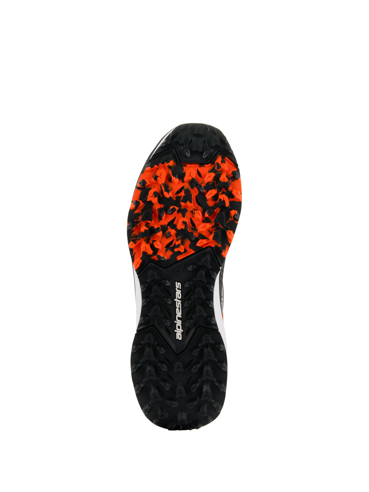 Chaussures Alpinestars Meta XR V2, semelle extérieure en caoutchouc robuste, noir et orange, avec motif de crampons à haute traction pour surfaces sales, logo Alpinestars blanc, résistant à l'huile et anatomiquement optimisé pour l'adhérence tout-terrain
