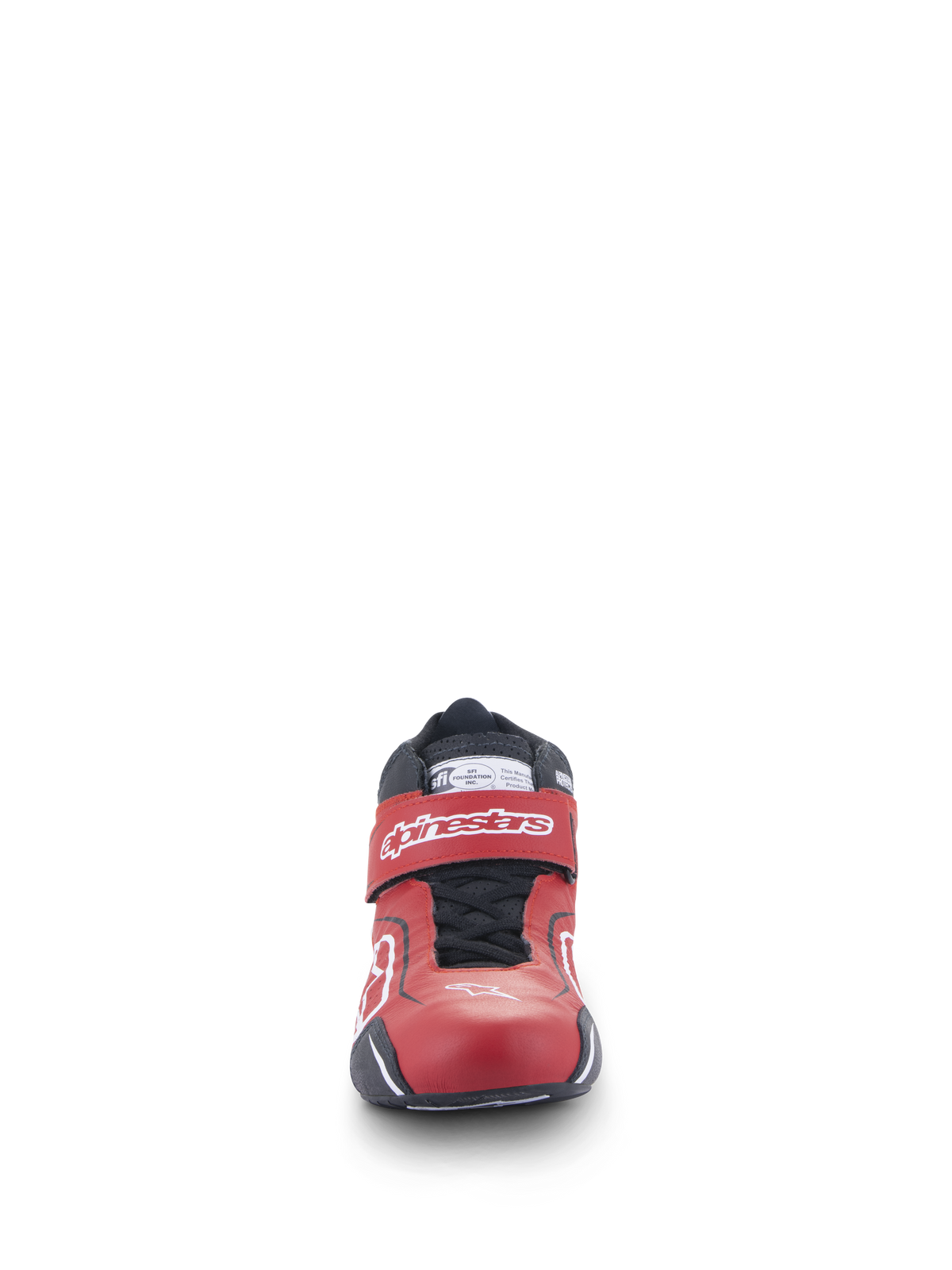 Alpinestars Tech-1 T V3 FIA schoenen, autosportschoenen, rood zwart en wit, vooraanzicht met het strakke lederen ontwerp, verstelbare enkelband met wit logo en zwart vetersluitsysteem.