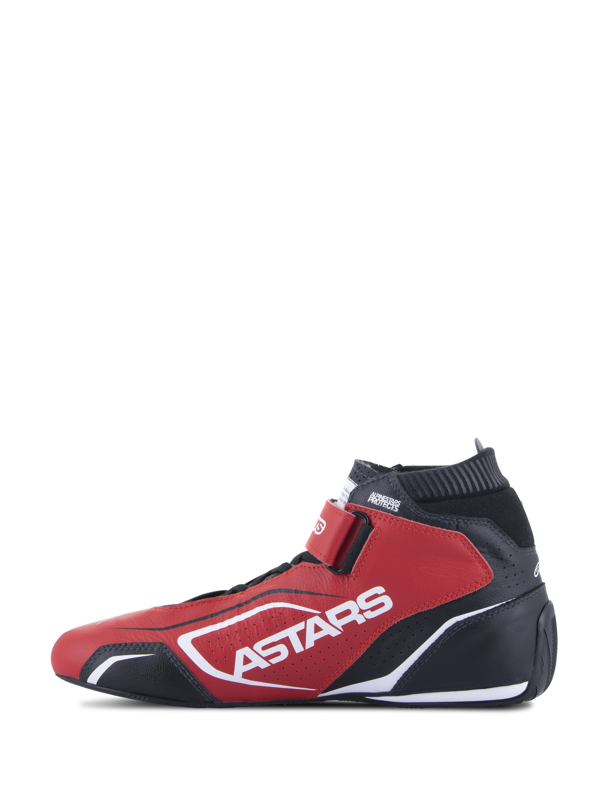 Alpinestars Tech-1 T V3 FIA schoenen, autosport schoenen, rood, zwart en wit, zijprofiel met opvallende witte ASTARS-branding, klittenbandsluiting en brandwerende elastische kraag, professionele motorsport schoenen van runderleer
