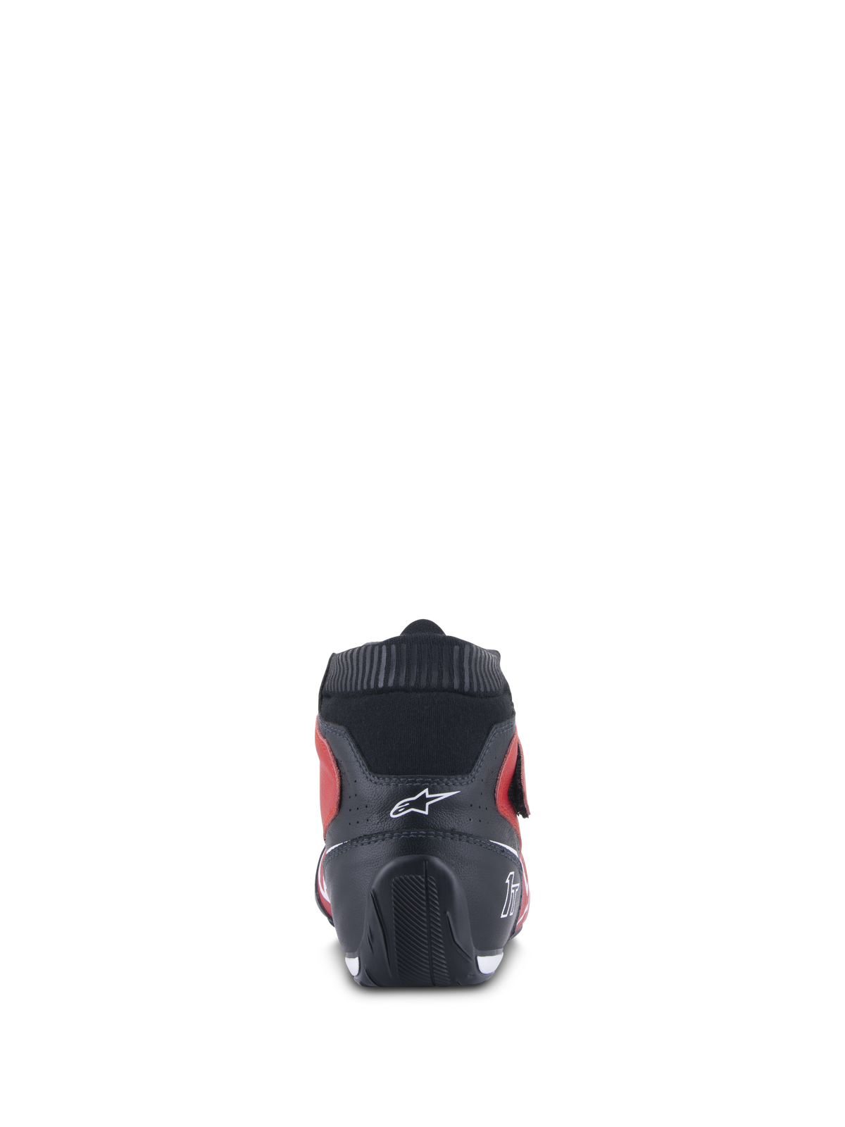 Alpinestars Tech-1 T V3 schoenen FIA, autosportschoenen, rood zwart wit, achteraanzicht met een zwarte lederen hiel met een wit logo, geribbelde kraag en rode zijpanelen, benadrukt het ergonomische ontwerp voor autosportprestaties.