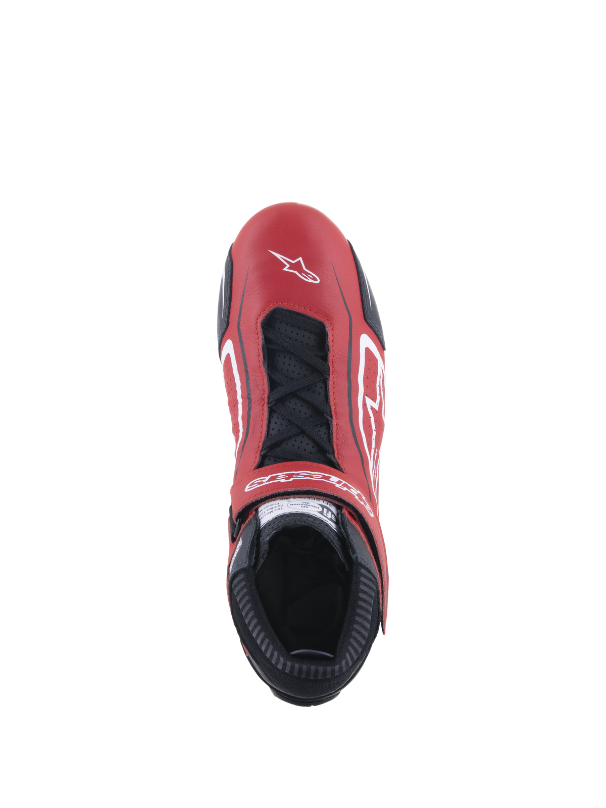 Alpinestars Tech-1 T V3 FIA schoenen, autoraceschoen, rood, zwart en wit, bovenaanzicht met rood rundlederen bovenwerk, zwarte veters en verstelbare riem, witte logo's en een slank profiel voor competitief rijden