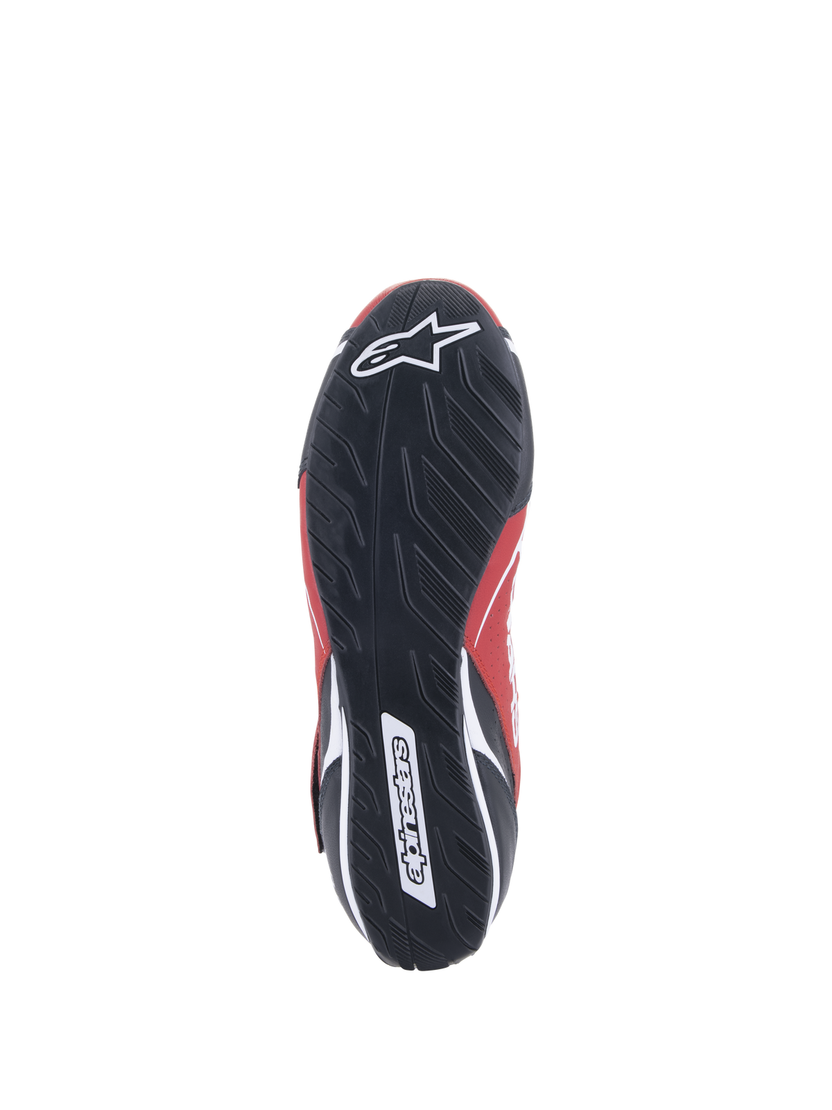Alpinestars Tech-1 T V3 FIA-schoenen, autosportschoenen, rood, zwart en wit, onderaanzicht van de zwarte rubberen zool met een asymmetrisch bandenprofiel en witte Alpinestars-branding