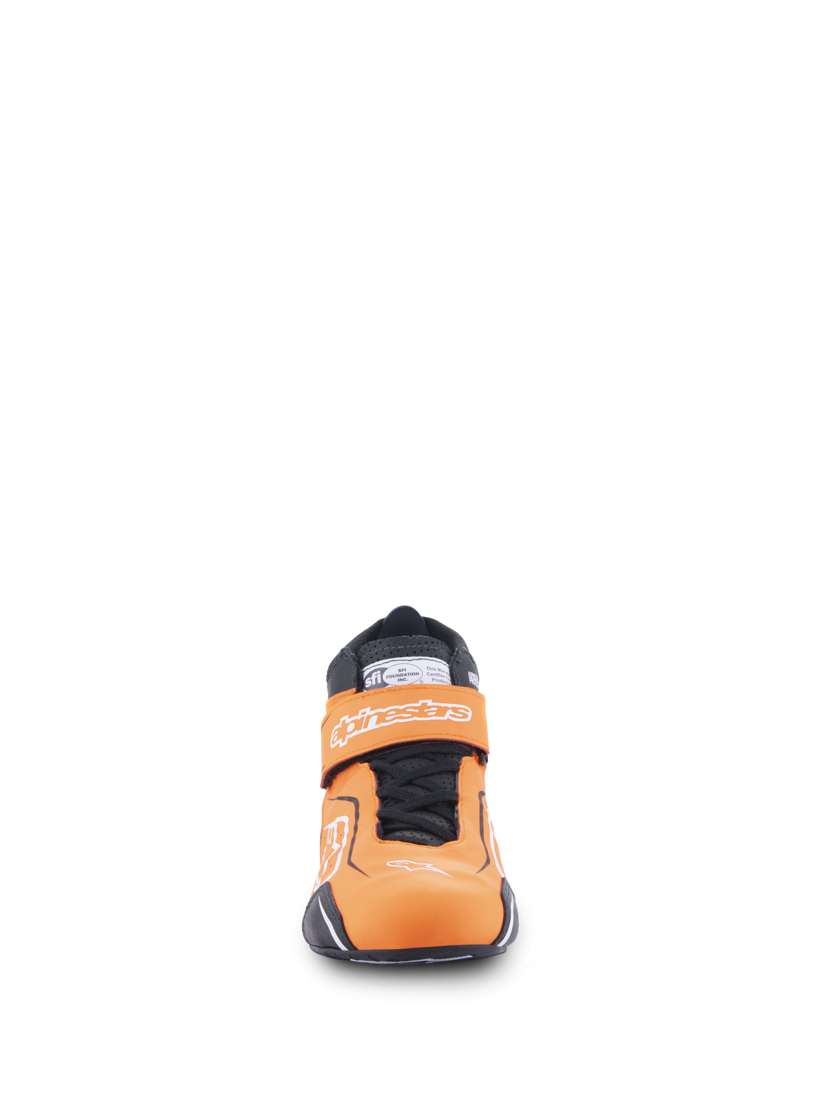 Chaussures Alpinestars Tech-1 T V3 FIA, chaussures de course automobile, orange fluo, noir et blanc, vue de face montrant la sangle à crochet et boucle avec le logo Alpinestars, les lacets noirs et l'étiquette de certification SFI sur la languette