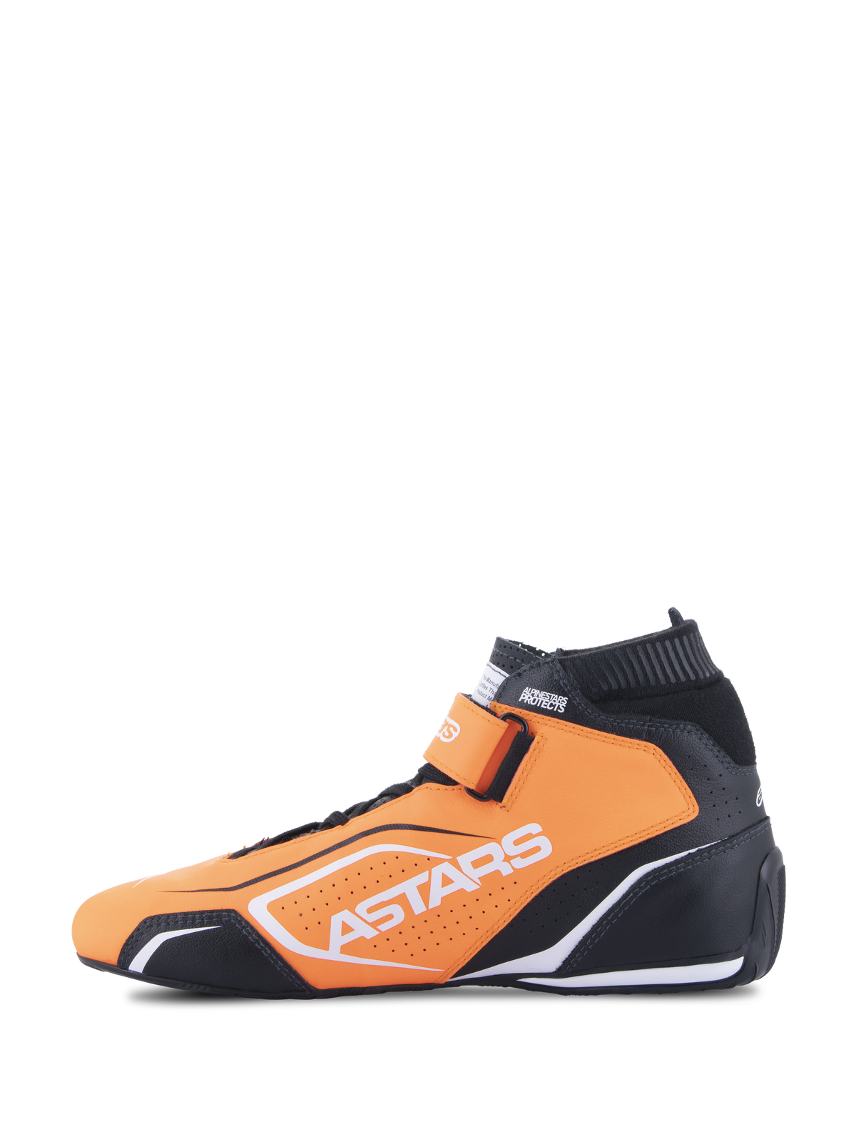 Chaussures Alpinestars Tech-1 T V3 FIA, chaussures de course automobile, orange fluo, noir et blanc, vue de profil, construction en cuir de bovin, sangle de cheville à boucle et crochet, logo Astars blanc