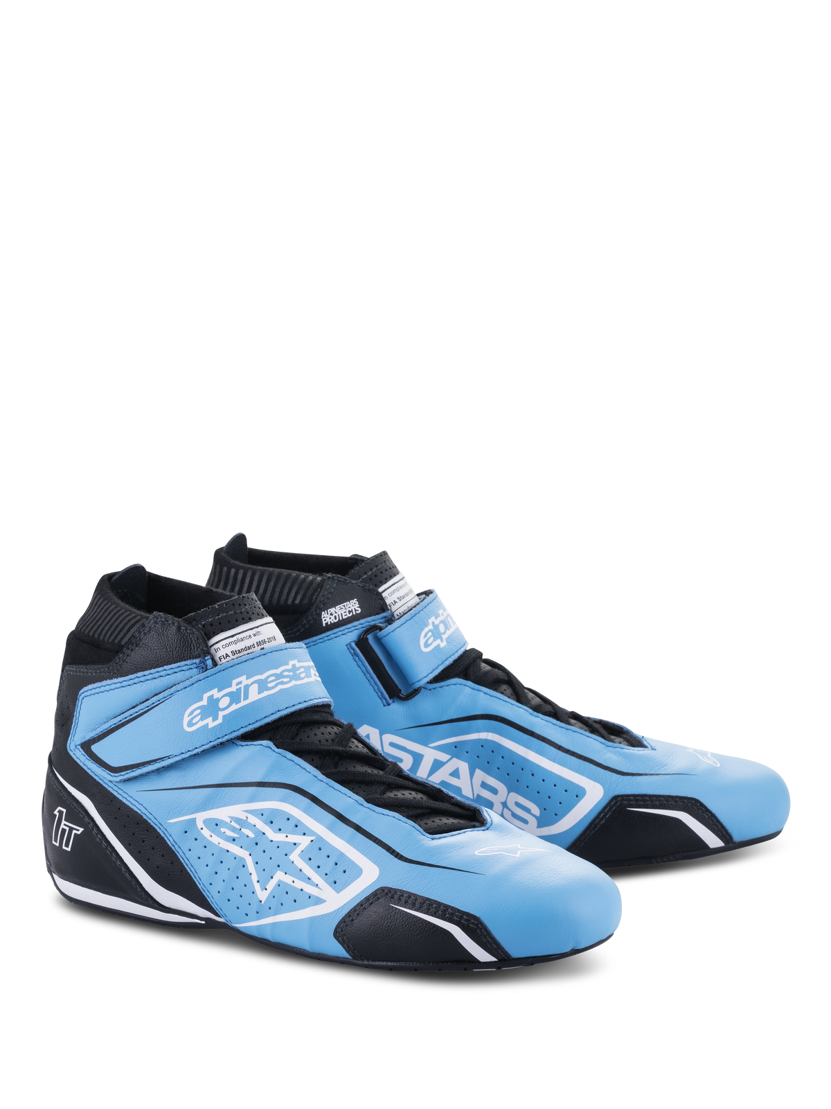 Alpinestars Tech-1 T V3 FIA schoenen, autoraceschoenen, lichtblauw, zwart en wit, runderleren constructie met klittenbandsluiting en vetersluiting, voorzien van Alpinestars-branding en wit ster-logo, professioneel autosport schoeisel