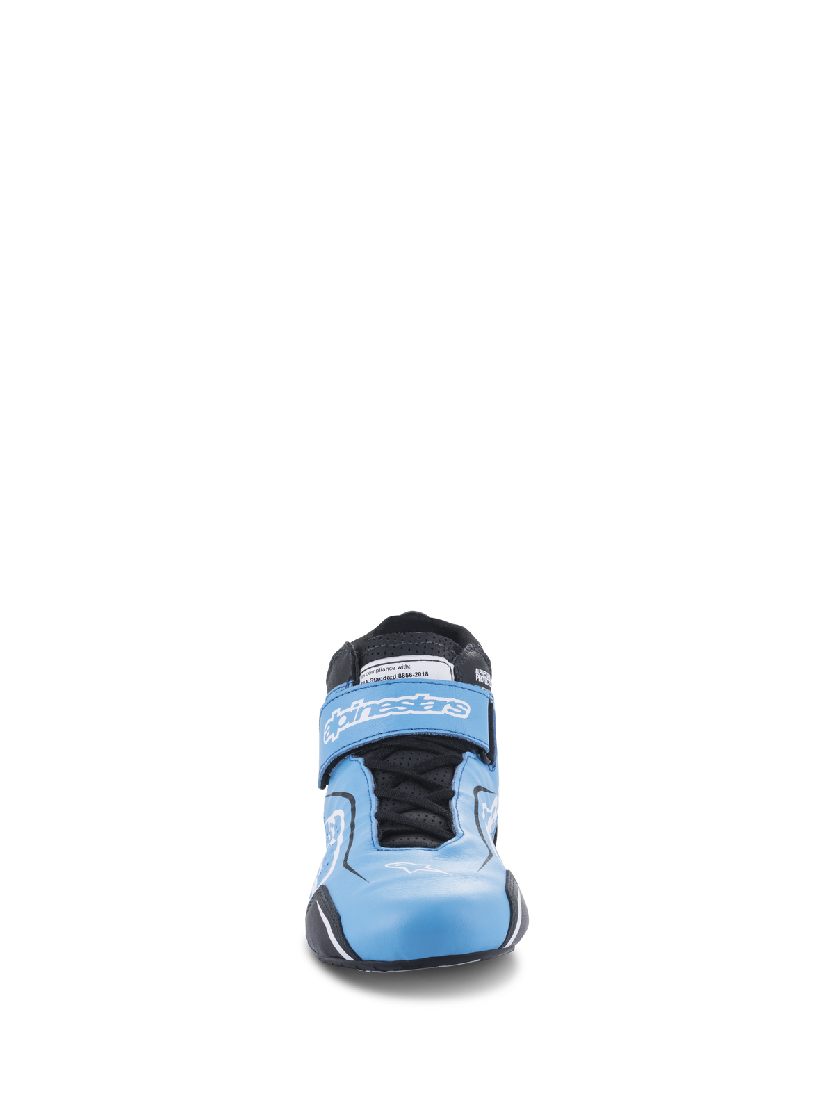 Alpinestars Tech-1 T V3 FIA schoenen, autosport schoenen, lichtblauw met zwarte en witte accenten, vooraanzicht met het dubbele sluitsysteem met veters en een klittenbandsluiting, hoogwaardig lederen rijschoeisel
