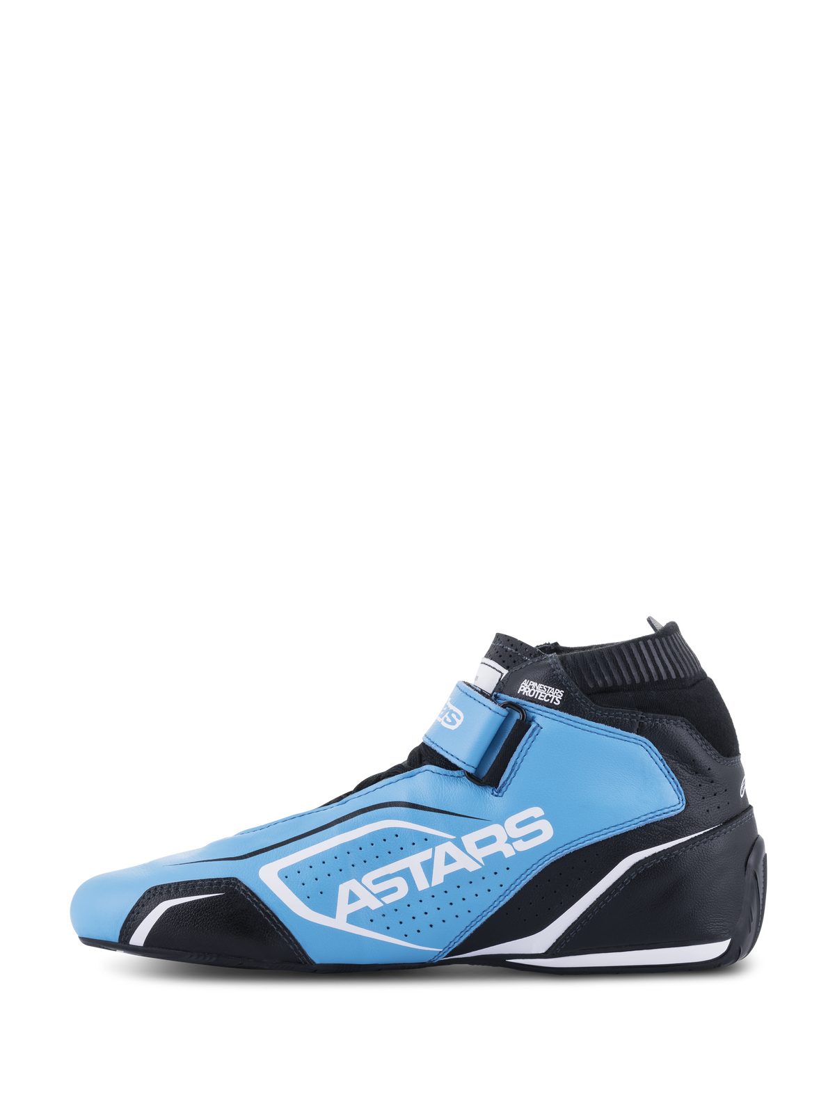 Alpinestars Tech-1 T V3 FIA schoenen, autosportschoenen, lichtblauw, zwart en wit, voorzien van ASTARS-branding, geperforeerde leren panelen en een gestroomlijnd race-silhouet