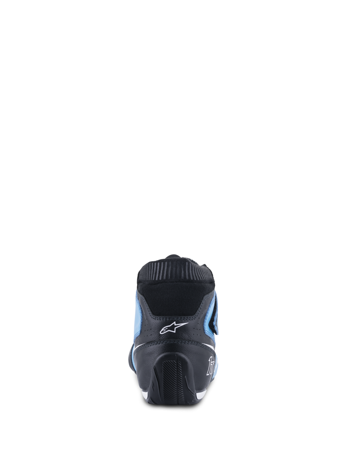 Alpinestars Tech-1 T V3 FIA schoenen, autosport schoenen, lichtblauw, zwart en wit, achteraanzicht met zwarte lederen hiel, lichtblauwe zijpanelen en zwarte elastische vuurbestendige kraag, gestroomlijnd ergonomisch ontwerp met wit Alpinestars-logo