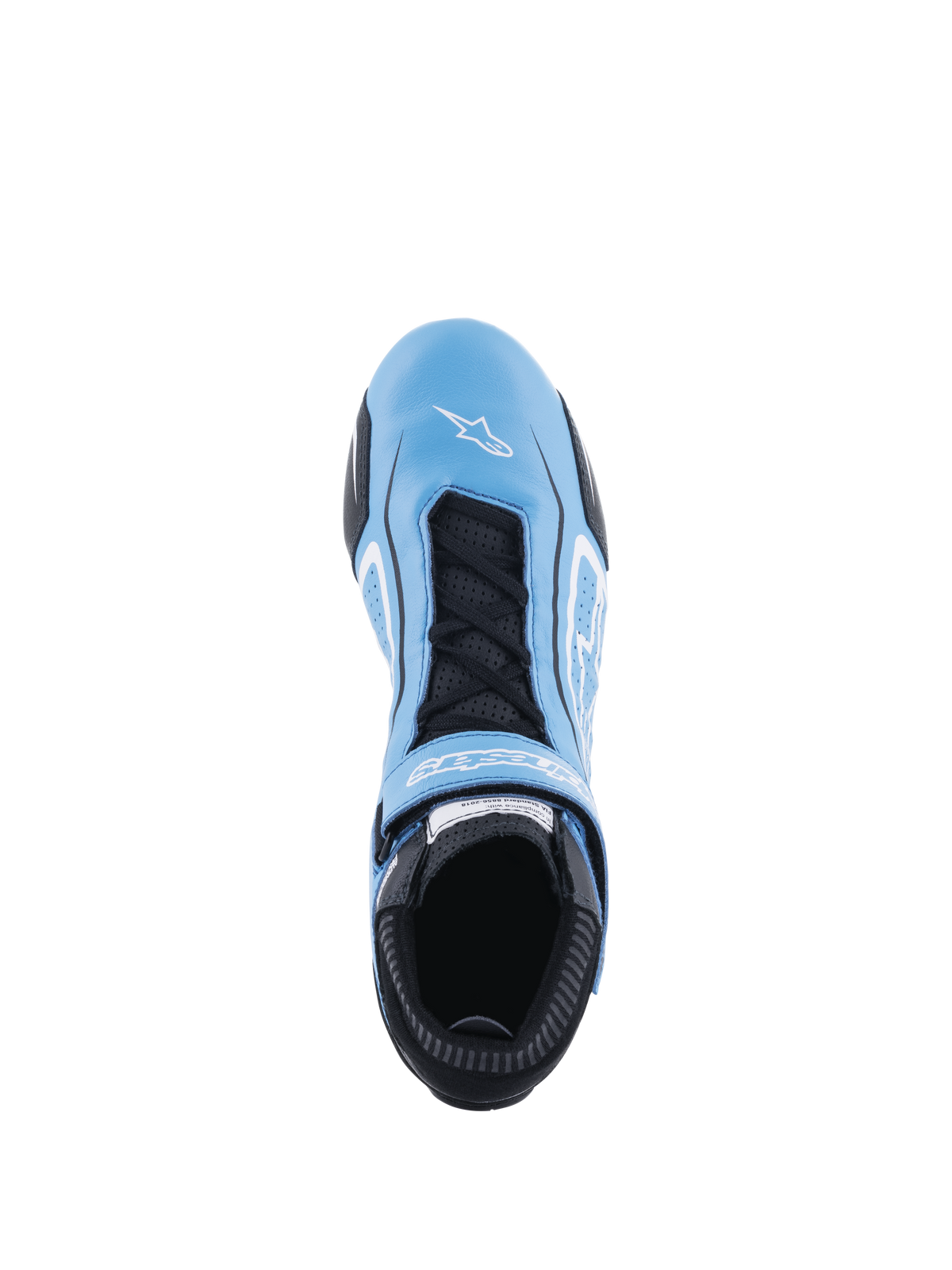 Alpinestars Tech-1 T V3 FIA schoenen, autoraceschoenen, lichtblauw, zwart en wit, bovenaanzicht met volledige runderleren constructie, zwarte veters met klittenbandsluiting, wit Alpinestars-logo op de neus en geperforeerde tong voor ademend vermogen