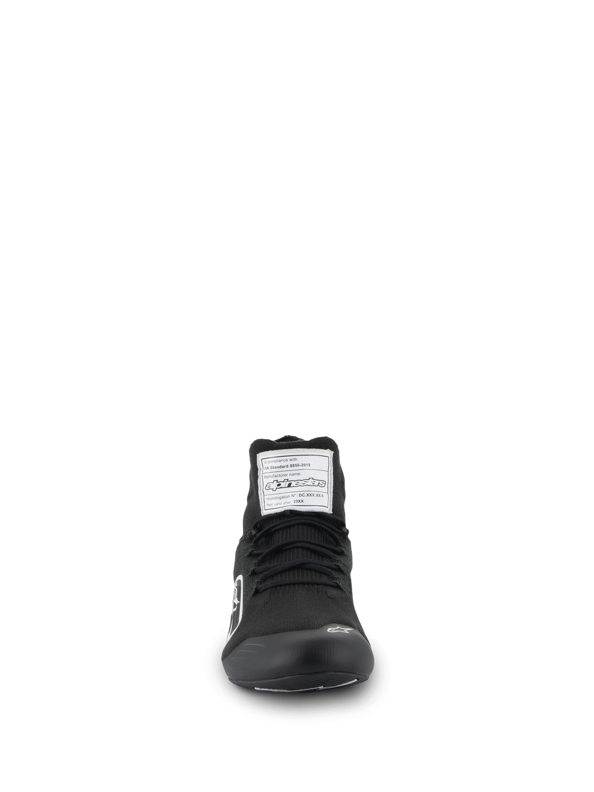 Alpinestars Supertech Shoes, Auto Racing Footwear, Black, front view showing the aramidic knitted upper, white FIA certification label on the tongue, and small white Astars logo on the toe, professional motorsport design