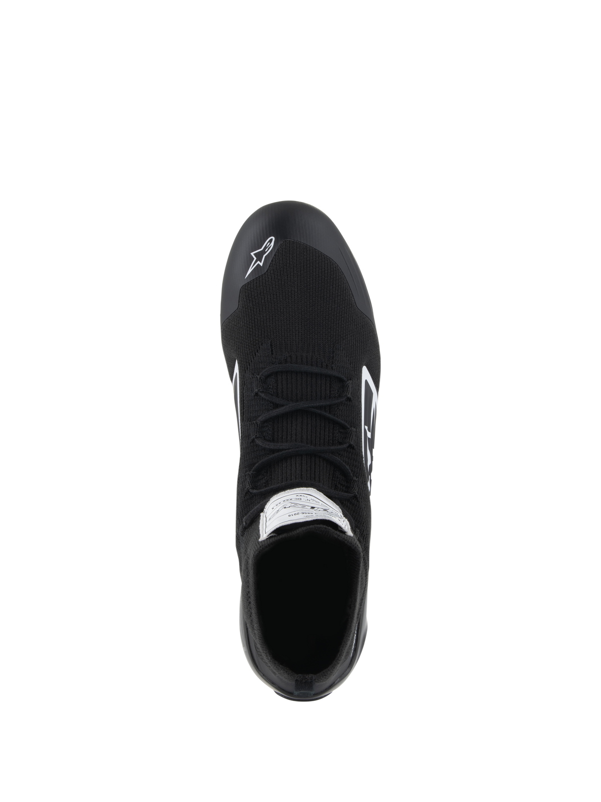 Alpinestars Supertech Shoes - FIA/SFI, Auto Racing Shoes, Black, top-down view showing the fully knitted aramidic upper, flat laces, and white Alpinestars logo on the toe, professional motorsport footwear