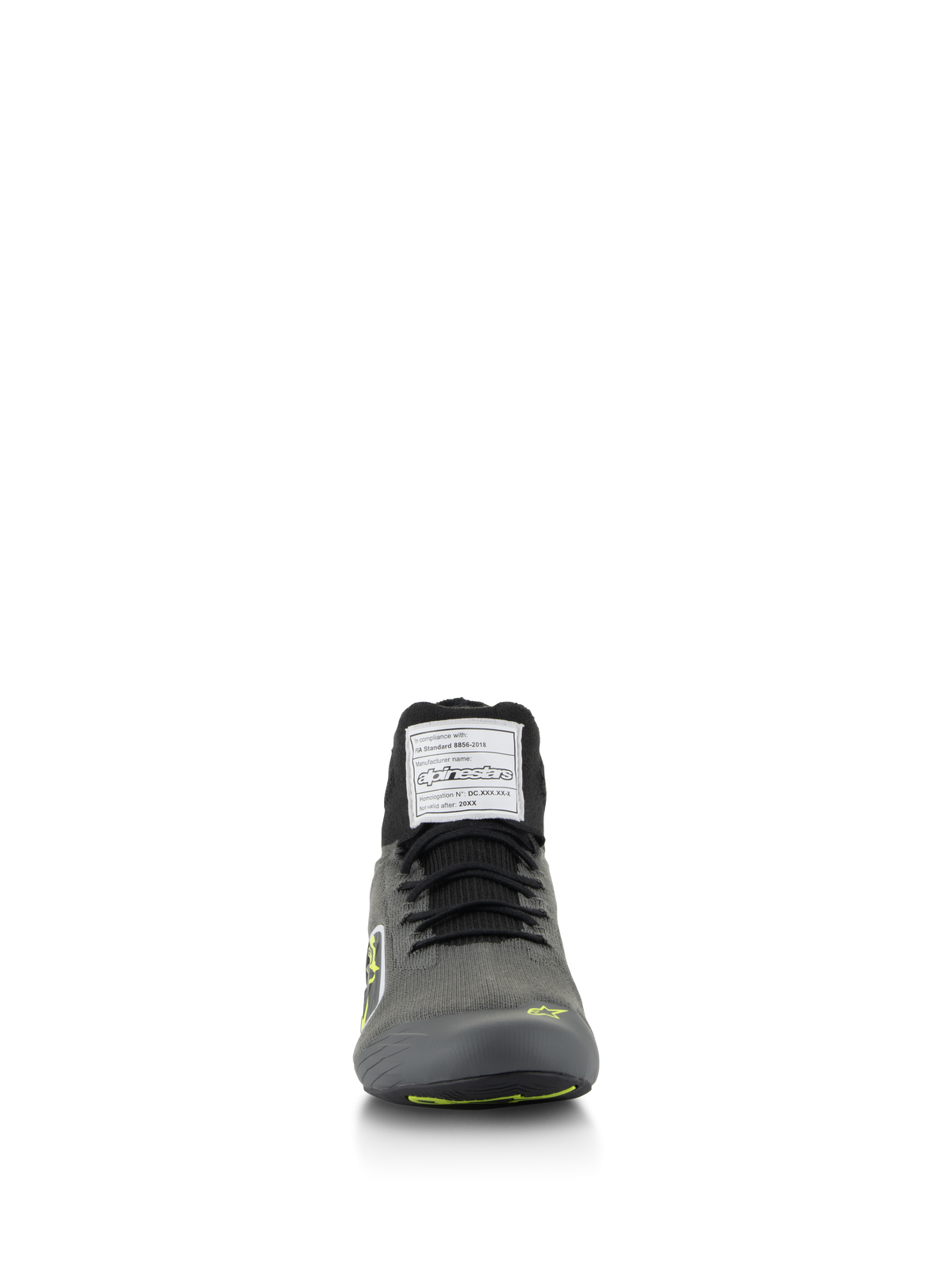 Chaussures Alpinestars Supertech, chaussures de course automobile, gris froid avec noir et jaune fluo, vue de face avec tige en tricot et étiquette d'homologation FIA sur la languette