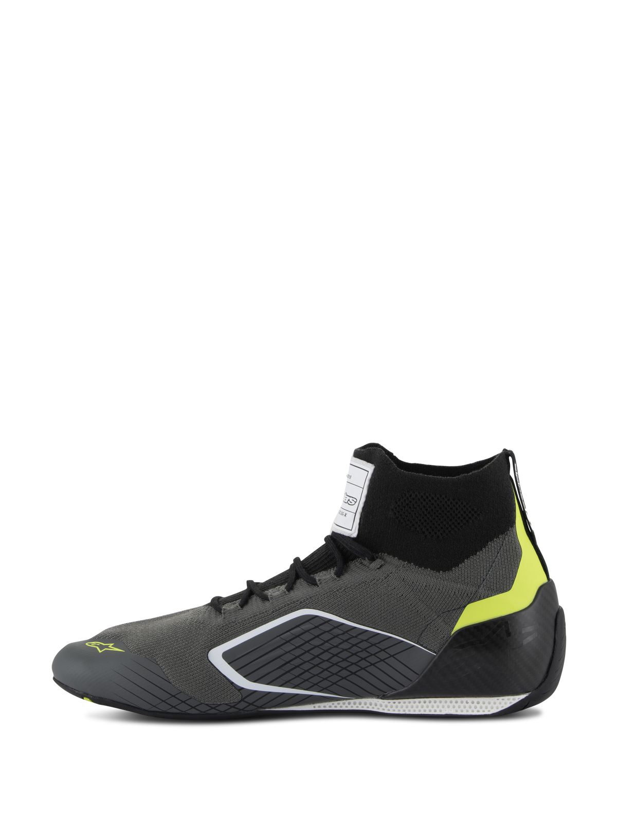 Chaussures Alpinestars Supertech - FIA/SFI, chaussures de course automobile, gris et noir avec accents jaune fluo, vue de profil, dotées d'une tige tricotée en aramide et d'une coque de talon en fibre de carbone, équipement de sport automobile professionnel
