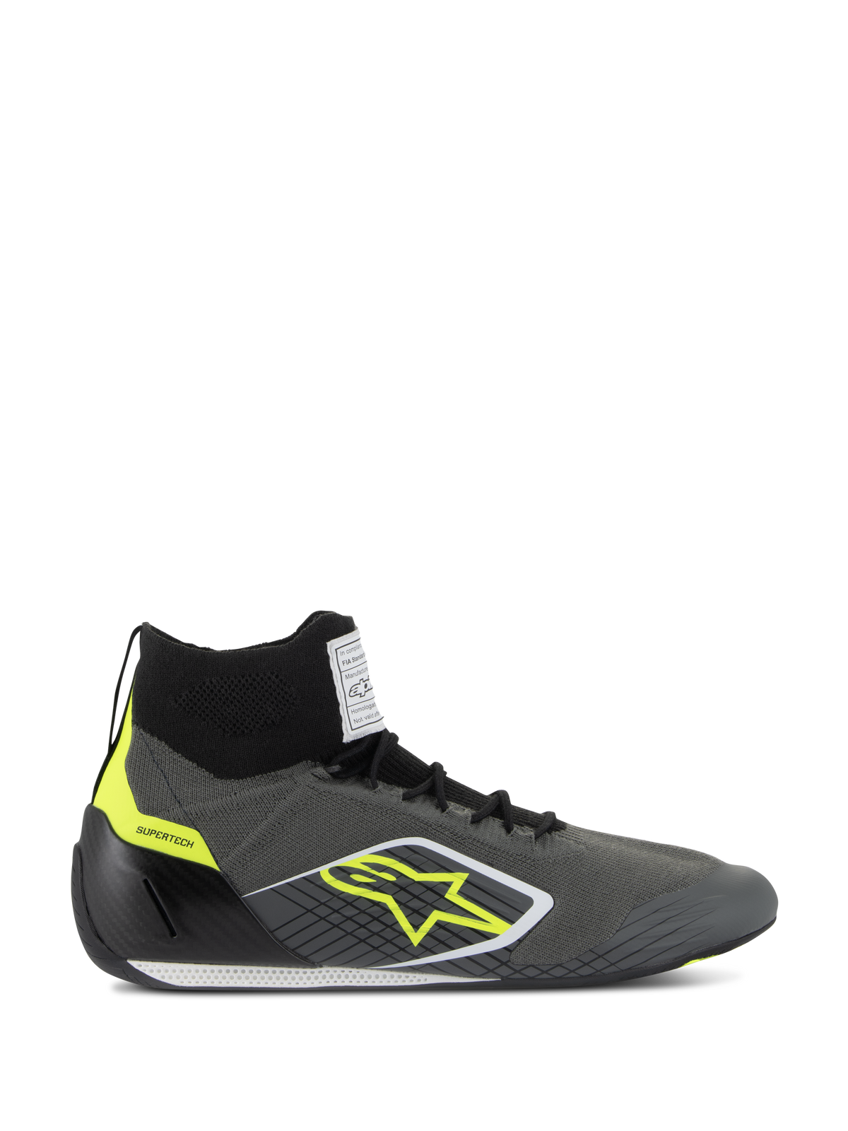 Alpinestars Supertech Shoes FIA/SFI, chaussures de course professionnelles montantes, gris froid et noir avec accents jaune fluo, tige en tricot d'aramide, contrefort de talon en fibre de carbone, logo étoile jaune et semelle fine blanche et noire, chaussures homologuées pour le sport automobile