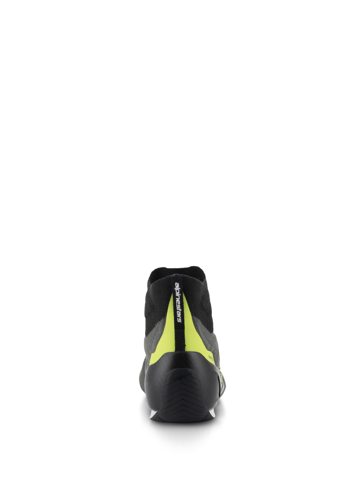 Chaussures Supertech Alpinestars, chaussures de course automobile, gris et noir, vue arrière présentant une coque de talon en carbone noir et une bande verticale jaune fluo avec logo, design professionnel pour sport automobile