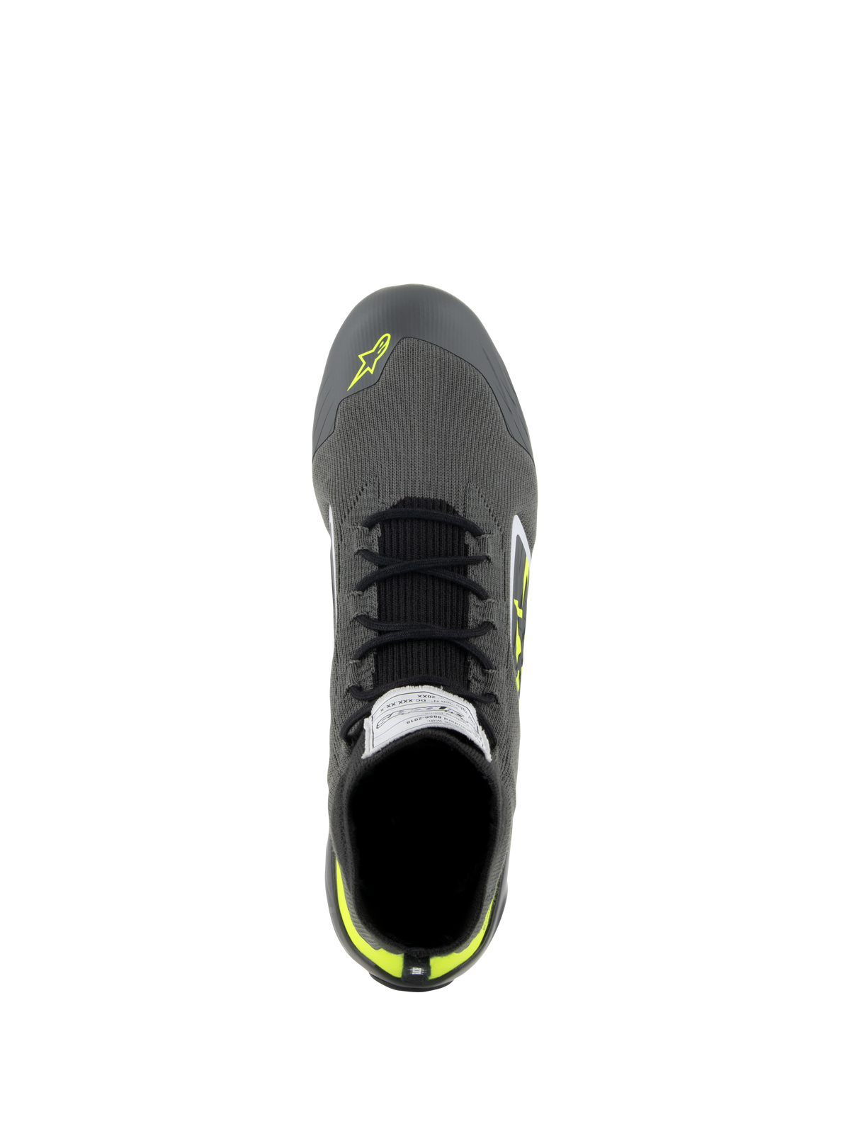 Chaussures Alpinestars Supertech, chaussures de course automobile, gris froid, noir et jaune fluo, vue de dessus montrant la tige en tricot, les lacets noirs et l'étiquette de certification FIA sur la languette, chaussures de conduite professionnelles