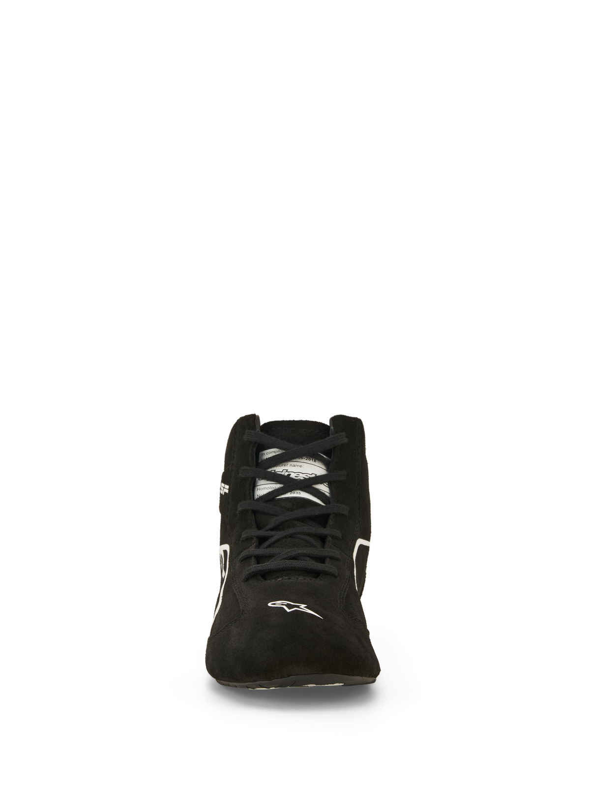 Alpinestars SP V3 Schuhe FIA, Autorenn-Schuhe, Schwarz und Weiß, Vorderansicht, Obermaterial aus hochwertigem Wildleder mit schwarzen Schnürsenkeln, weißes Alpinestars-Logo auf der Zehenpartie, feuerfeste professionelle Motorsport-Fußbekleidung