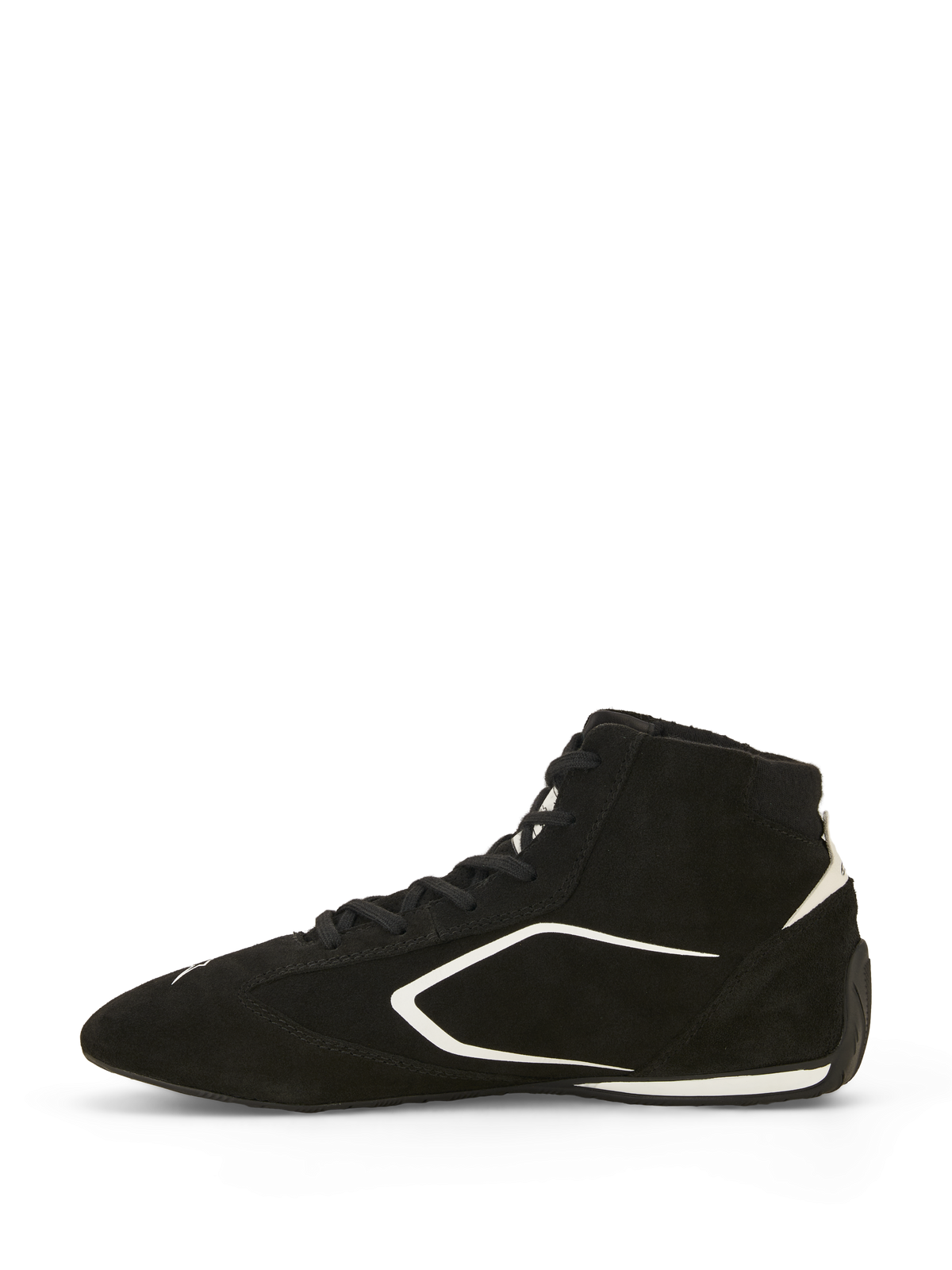 Alpinestars SP V3 Schuhe FIA, Rennschuhe, Schwarz und Weiß, Profilansicht, Obermaterial aus hochwertigem Wildleder mit weißen Grafikakzenten, High-Top-Design, dünne Gummisohle mit Rennspezifikation für ein verbessertes Pedalgefühl
