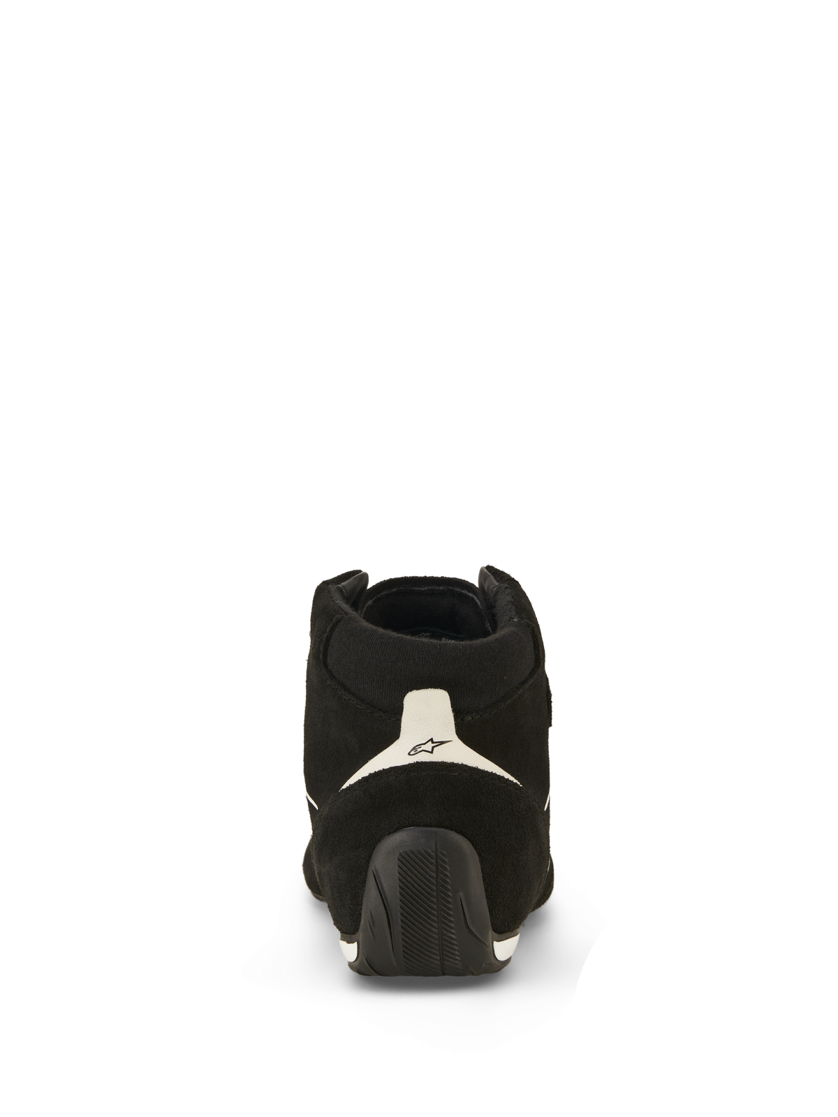 Alpinestars SP V3 Schuhe FIA, Autorenn-Schuhe, Schwarz und Weiß, Rückansicht mit Obermaterial aus Wildleder, weißem Fersenpanel mit schwarzem Logo und strukturierter Gummisohle, die über die Ferse hochgezogen ist