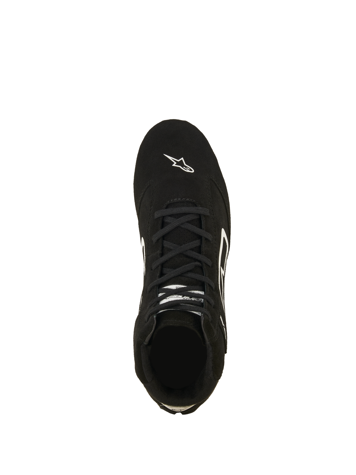 Alpinestars SP V3 Schuhe FIA, Autorenn-Schuhe, Schwarz und Weiß, Draufsicht auf das Obermaterial aus hochwertigem Wildleder, mit schwarzen Schnürsenkeln und weißem Astars-Logo auf der Zehenpartie, professionelles feuerfestes Motorsport-Schuhwerk