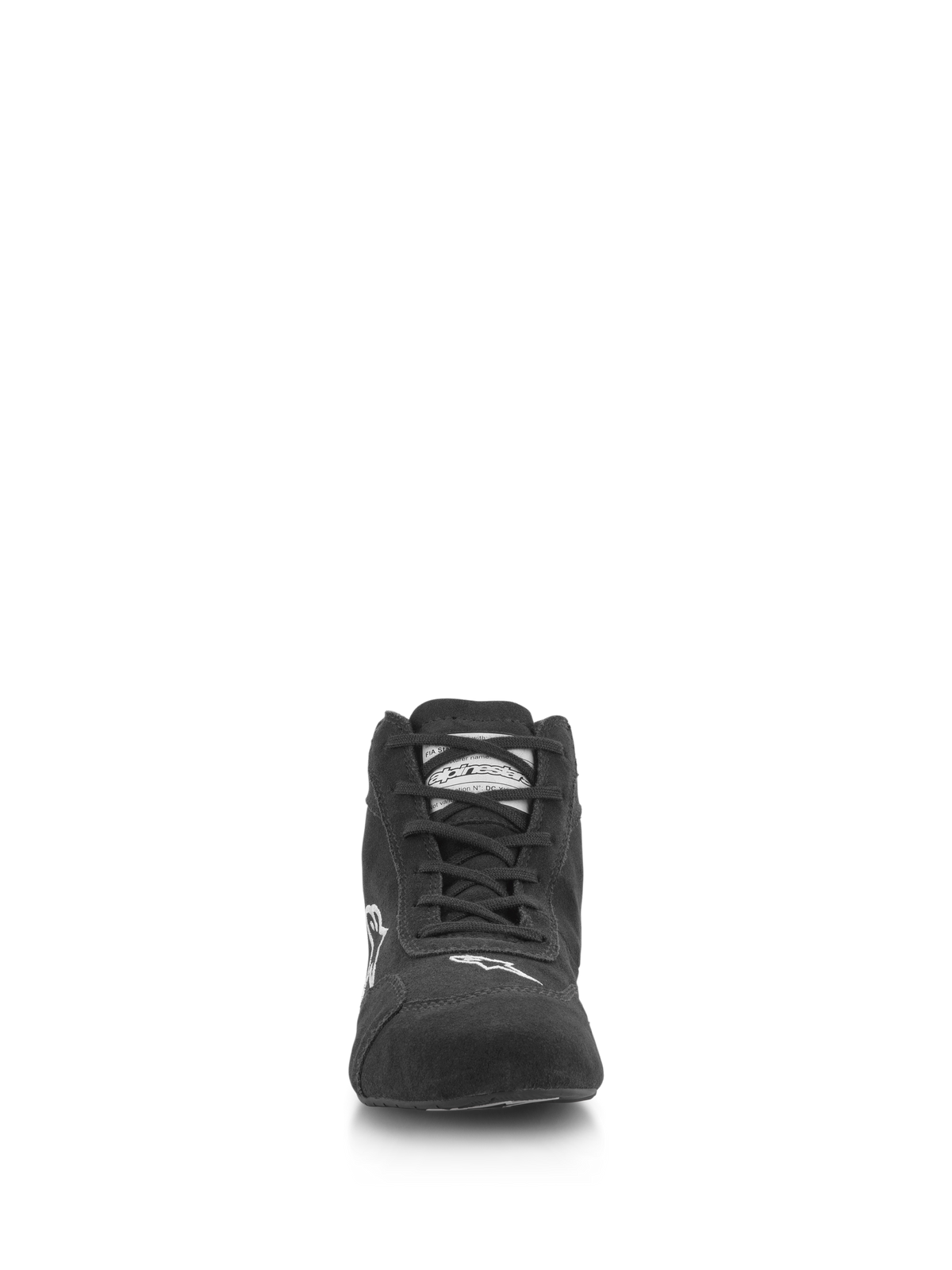 Alpinestars SP V2 Shoes, Auto Racing Shoes, Black, Front view featuring premium suede upper, asymmetric lacing system, white Alpinestars logo on the toe, professional motorsport footwear