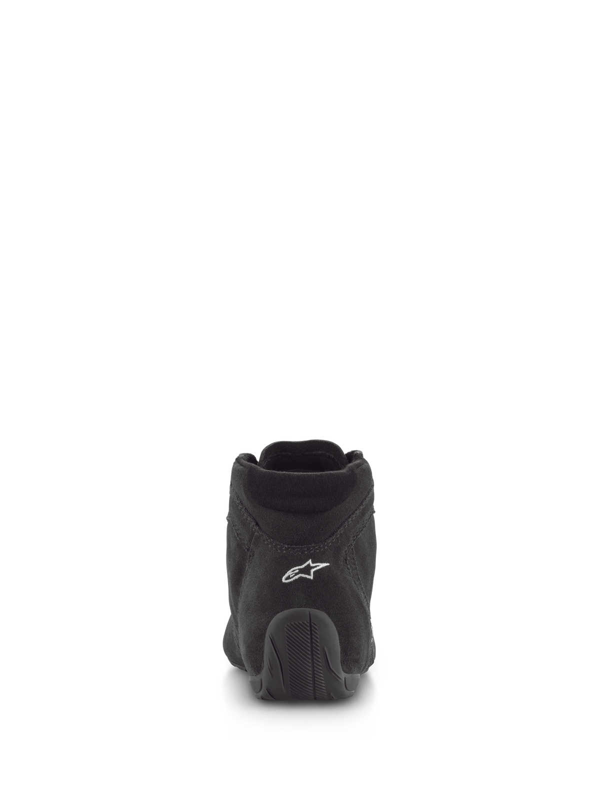 Alpinestars SP V2 Shoes, Auto Racing Shoes, Black, rear view featuring premium suede upper with white logo on the heel and textured rubber sole, professional motorsport footwear