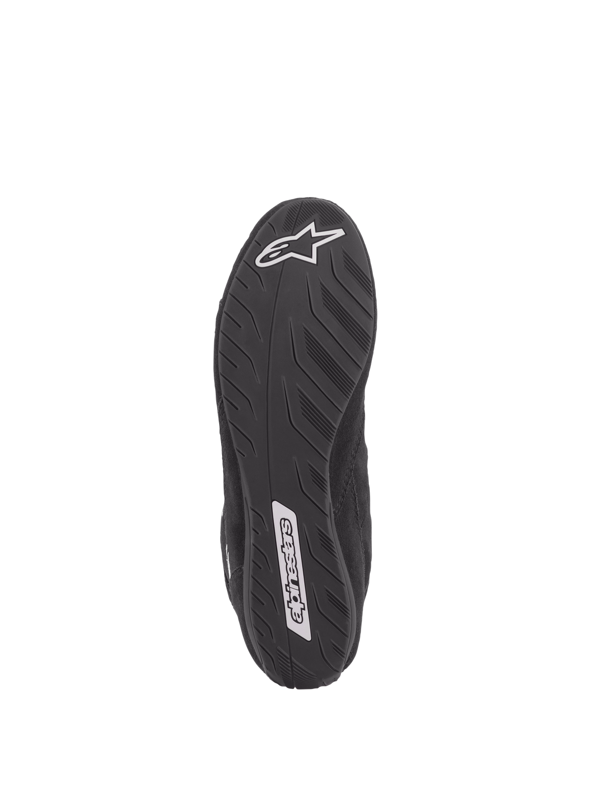 Alpinestars SP V2 Shoes, Auto Racing Shoes, Black, bottom view of the ultra-thin Formula 1 specification sole, textured grip for pedal feel, featuring white Alpinestars logos on the heel and midfoot