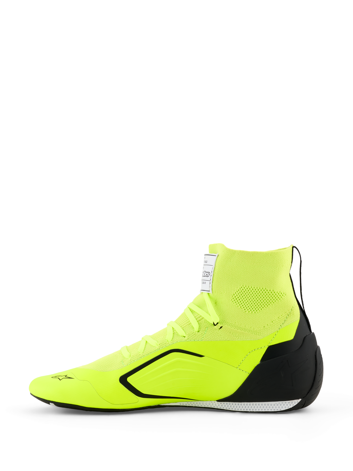Alpinestars Supertech K Shoes - FIA, chaussures de karting, jaune fluo, noir et blanc, vue de profil présentant une tige entièrement tricotée avec un col de type chaussette, un contrefort de talon en TPU noir, une semelle extérieure fine blanche et noire, et le logo Alpinestars sur l'orteil et la languette
