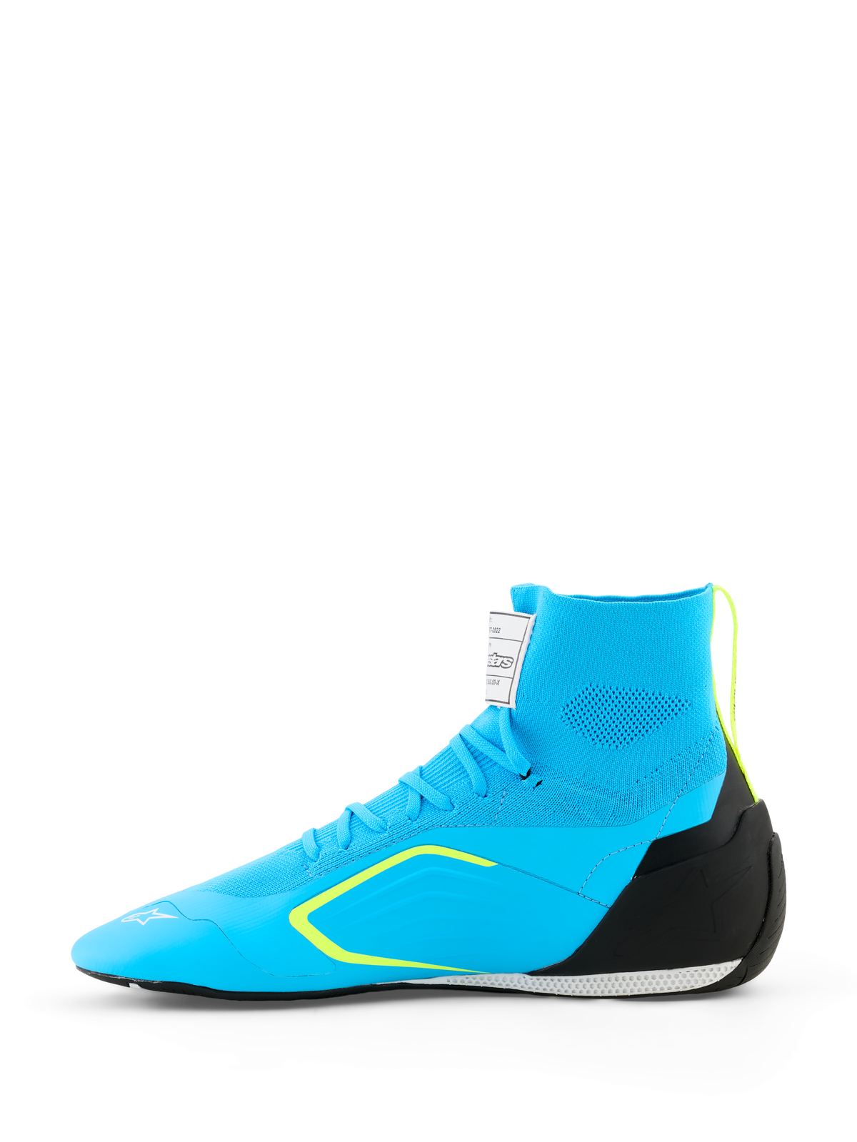 Alpinestars Supertech K Schoenen - FIA, kartschoenen, lichtblauw met zwarte en geel-fluo accenten, zijaanzicht met gebreide bovenconstructie, TPU-hielversterking en dunne racezool