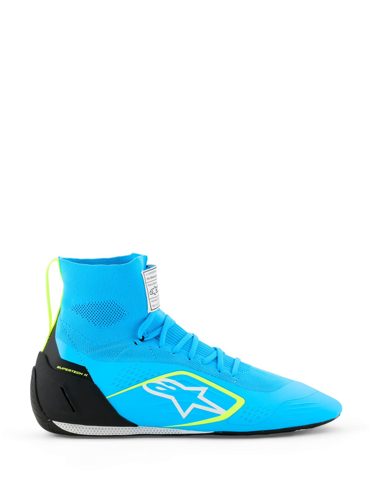 Alpinestars Supertech K schoenen FIA, kartschoenen, lichtblauw met zwarte en geel fluo accenten, hoog model met volledig gebreide bovenkant, wit sterlogo, professionele raceschoenen