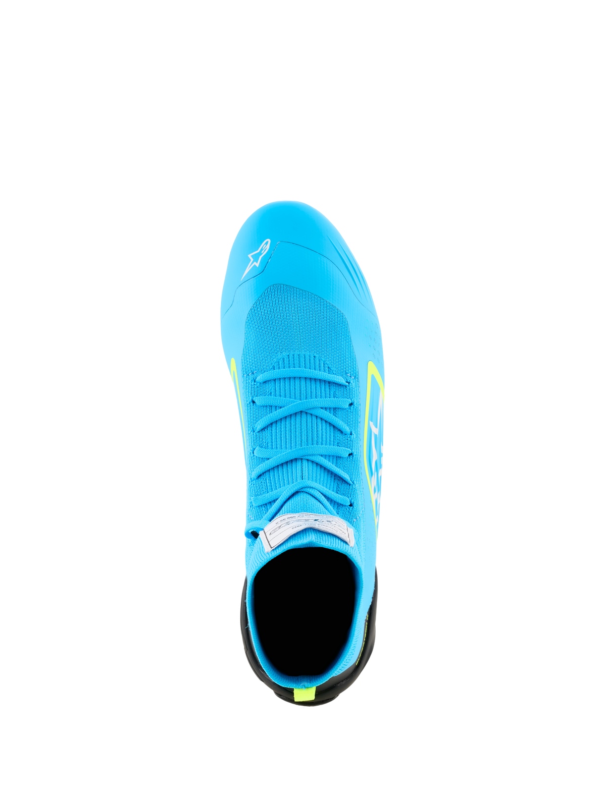 Alpinestars Supertech K schoenen - FIA, kartschoenen, lichtblauw met Yellow Fluo accenten, bovenaanzicht met het volledig gebreide bovenwerk, bijpassende blauwe veters en FIA-certificeringslabel op de tong