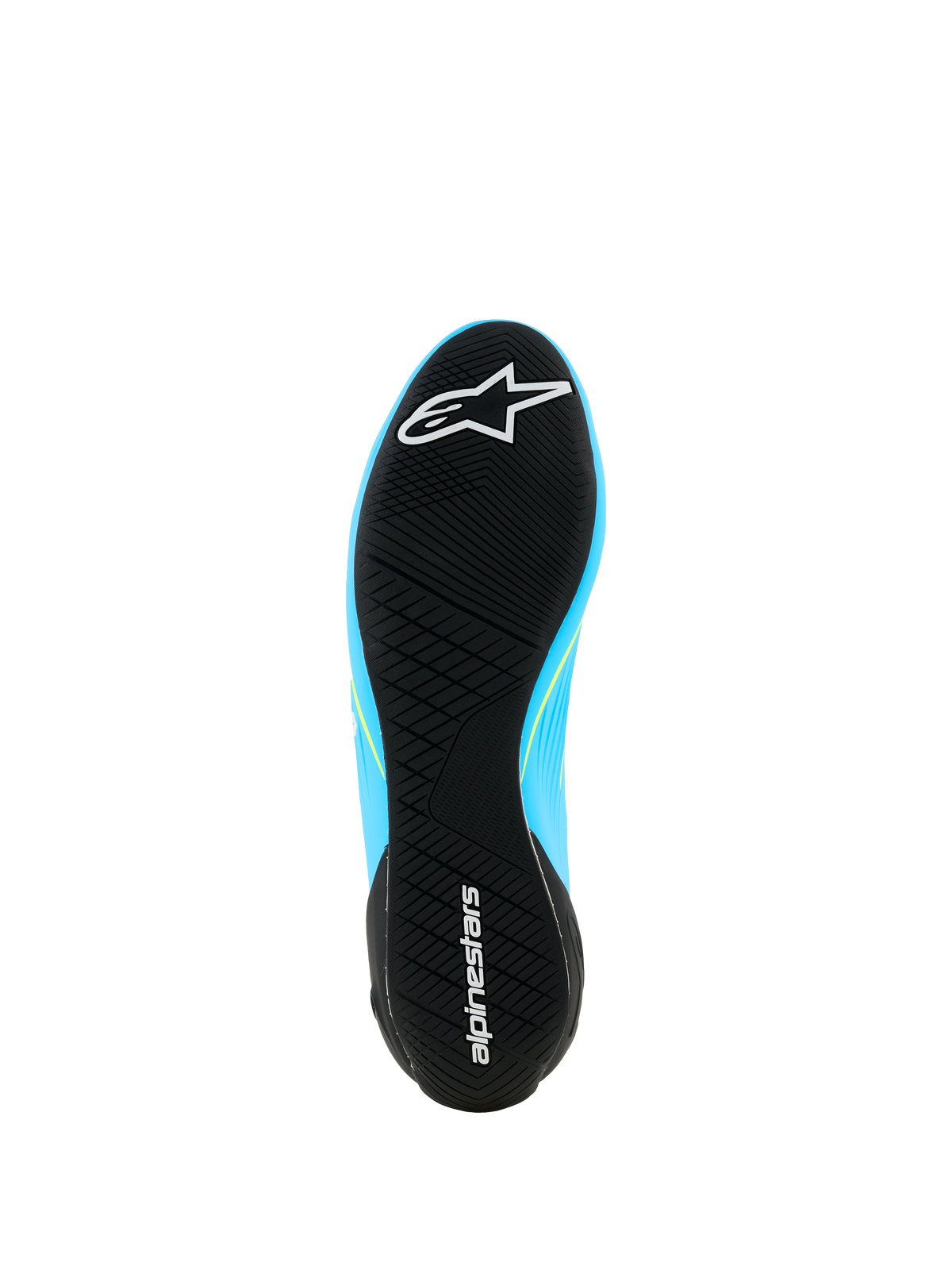 Alpinestars Supertech K schoenen - FIA, kartingschoenen, lichtblauw en zwart met fluo gele accenten, onderaanzicht van de ultradunne rubberen buitenzool met een asymmetrisch profiel en Alpinestars-branding