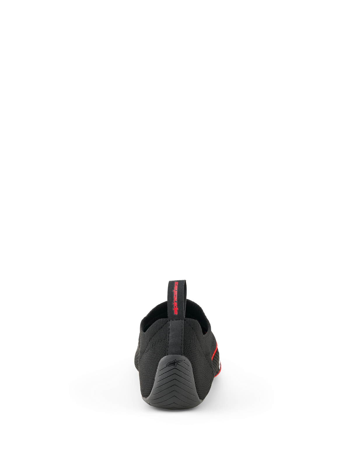 Chaussures Alpinestars Tech Gaming, noires, vue arrière montrant la tige tricotée sans couture, le talon en caoutchouc texturé avec logo étoile, et la languette arrière avec logo rouge, chaussures de SIM-racing
