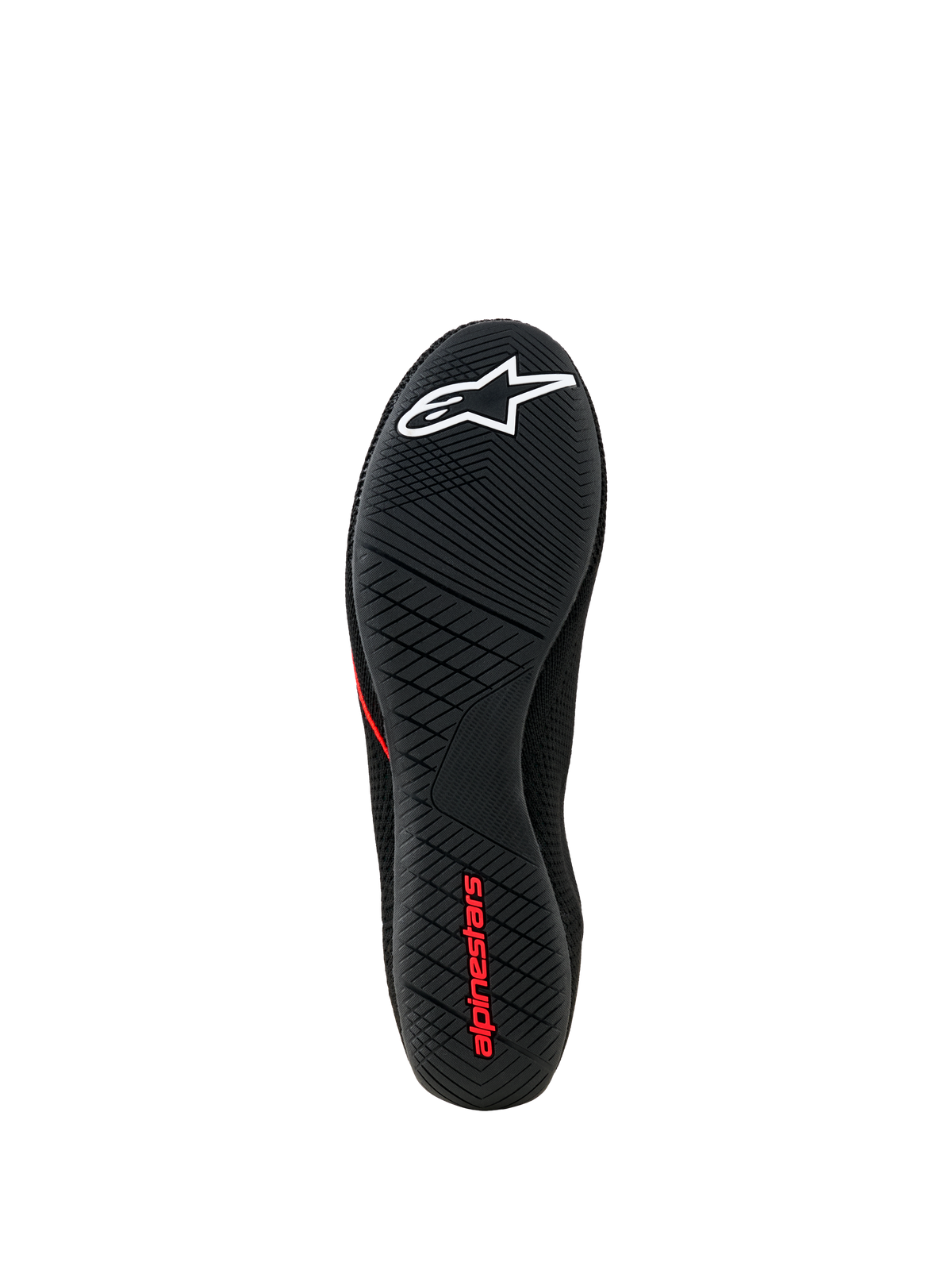 Alpinestars Tech Gaming Shoes, vue de la semelle extérieure, semelle en caoutchouc noir ultra-fine avec motif d'adhérence texturé, logo étoile blanc et marquage Alpinestars rouge, chaussures de SIM-racing