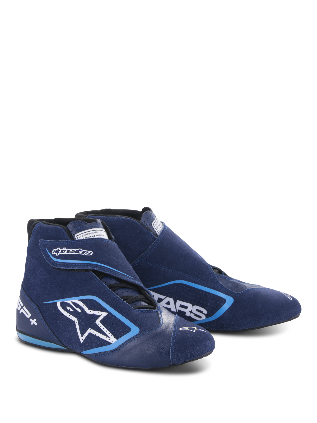 Alpinestars SP+ schoenen N, autoraceschoenen, ultramarijnblauw en lichtblauw, hoog model van suède en leer, met een groot wit sterlogo en SP+ branding, aerodynamische vorm voor professionele motorsport