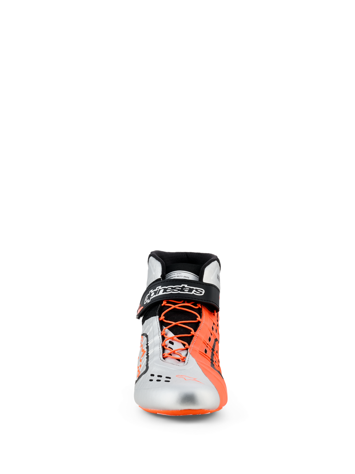 Alpinestars Tech-1 KX V3 schoenen, kartingschoenen, zwart, zilver en fluo oranje, vooraanzicht, zilveren en fluo oranje bovenwerk, asymmetrische oranje veters, zwarte enkelband met witte branding, gestroomlijnd FIA-gecertificeerd raceschoeisel