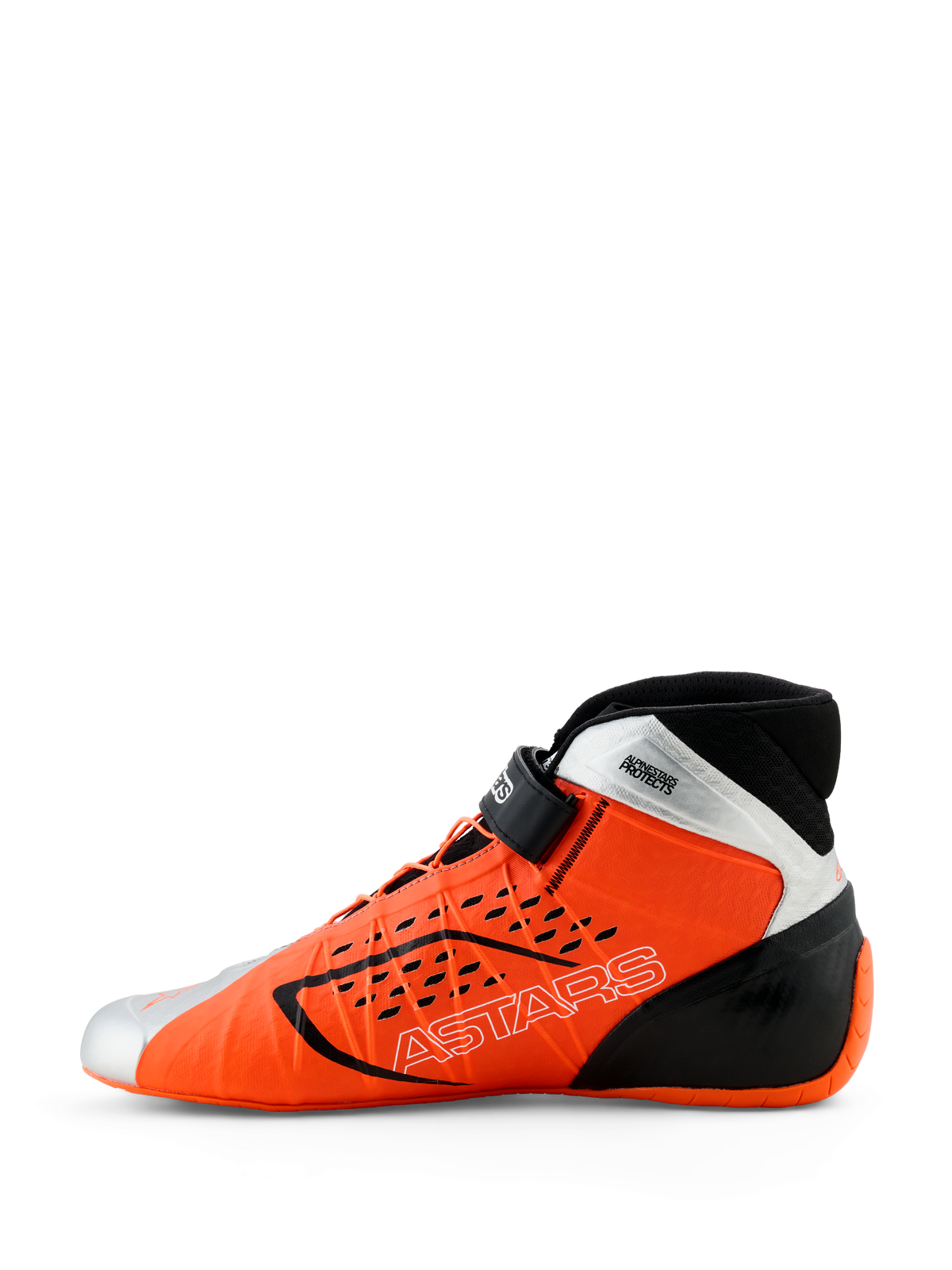 Alpinestars Tech-1 KX V3 schoenen, kartingschoenen, oranje fluo, zwart en zilver, zijaanzicht, voorzien van het ASTARS-logo op de zijkant, verstelbare enkelband en een gestroomlijnd aerodynamisch ontwerp voor professioneel racen.