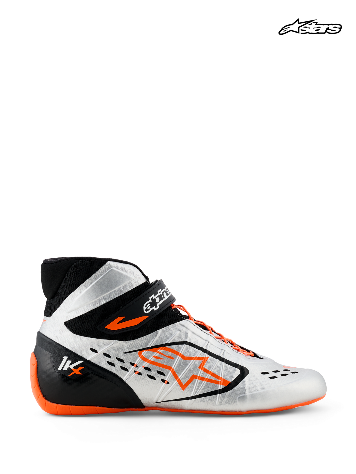 Alpinestars Tech-1 KX V3 schoenen, FIA kartingschoenen in zwart, zilver en fluo oranje, zijaanzicht met thermo-gelaste constructie en asymmetrisch vetersysteem