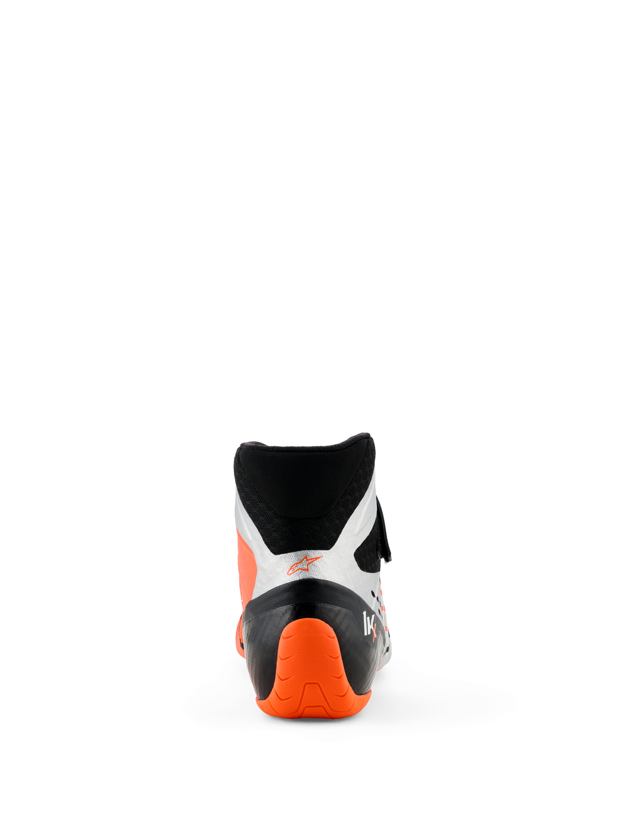 Alpinestars Tech-1 KX V3 Schoenen, kartingschoenen, zwart, zilver en fluo-oranje, achteraanzicht met feloranje getextureerde hiel en zilveren zijpanelen, hoog model voor professioneel racen