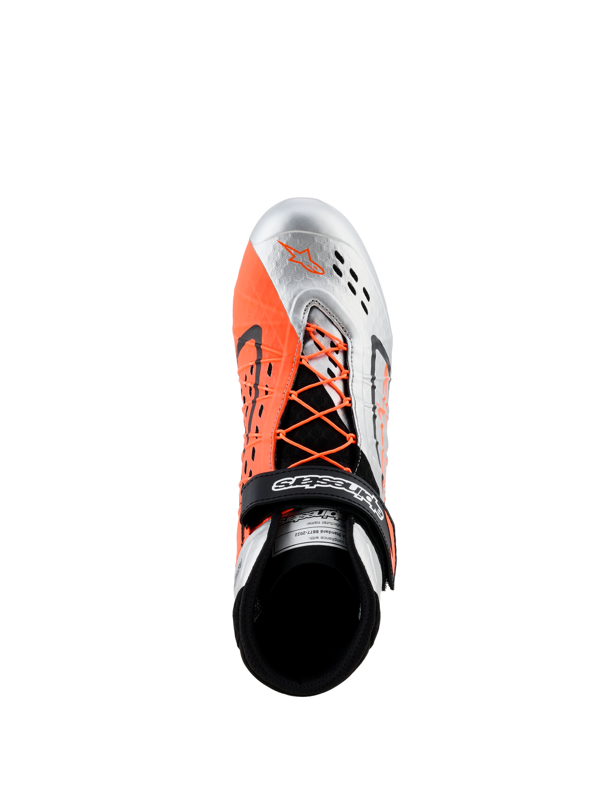 Alpinestars Tech-1 KX V3 schoenen - FIA, kartschoenen, zwart, zilver en oranje fluo, bovenaanzicht met asymmetrische vetersluiting met oranje veters, klittenbandsluiting met logo en ademende laser-gesneden perforaties op de zilveren neus.