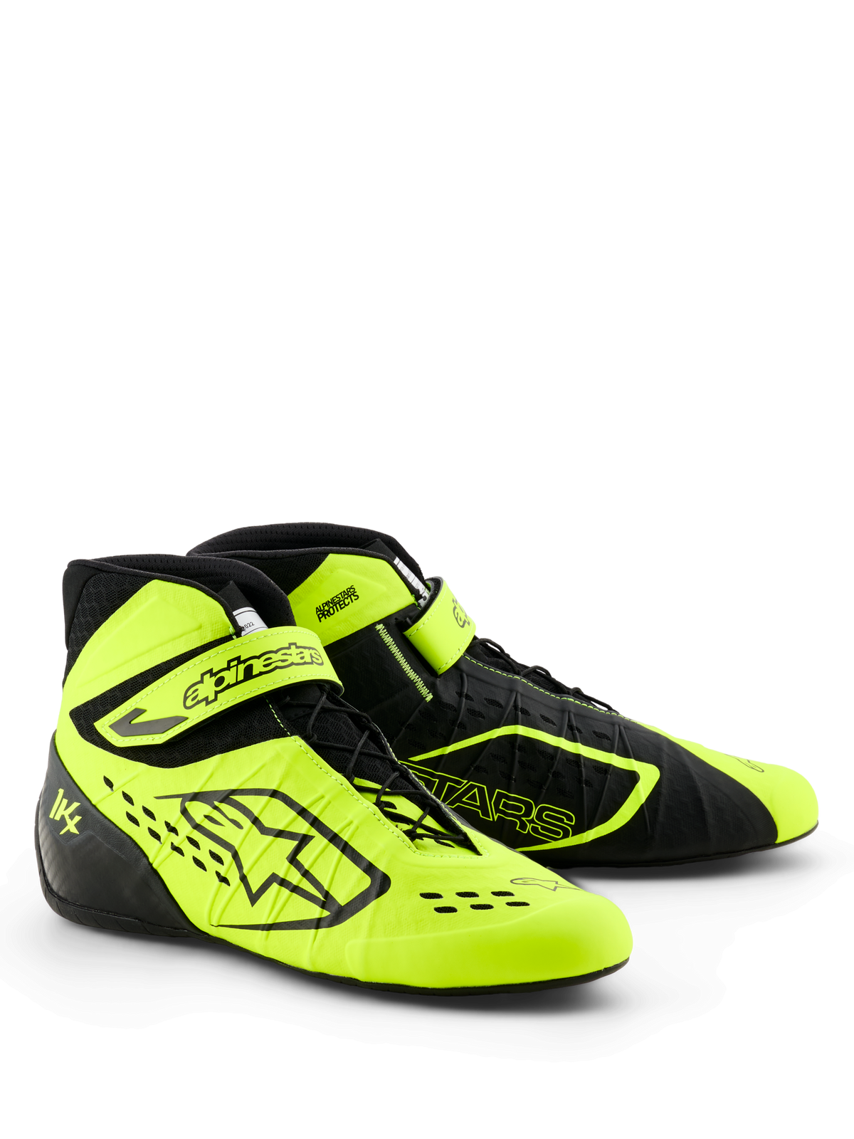 Alpinestars Tech-1 KX V3 Karting-Schuhe, Schwarz und Gelb Fluo, schlankes Performance-Profil, asymmetrische Schnürung mit verstellbarem Knöchelriemen, lasergeschnittene Perforationen für Atmungsaktivität, leichte thermo-verschweißte Konstruktion, FIA 8877-2022 zertifiziertes Motorsport-Schuhwerk
