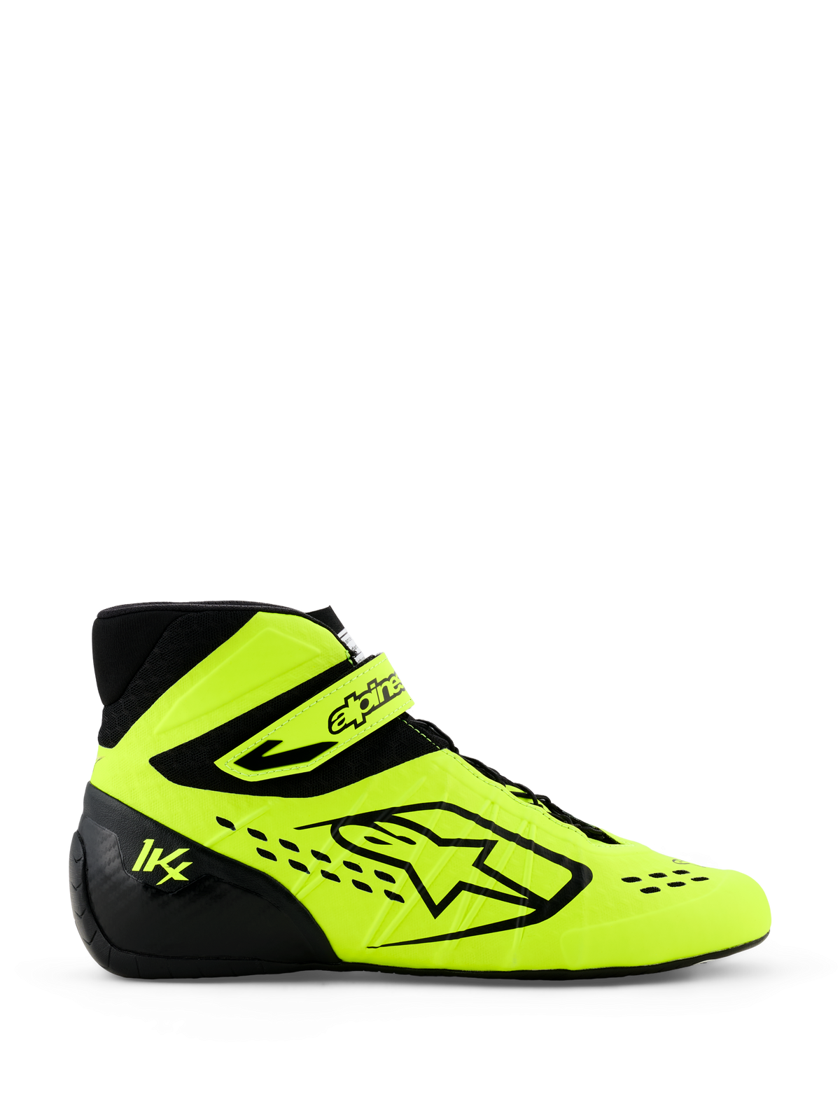 Alpinestars Tech-1 KX V3 Karting-Schuhe, Gelb Fluo und Schwarz, Seitenansicht mit markantem Alpinestars-Logo, verstellbarem Knöchelriemen und lasergeschnittenen Perforationen für Atmungsaktivität, professionelles Motorsport-Schuhwerk.