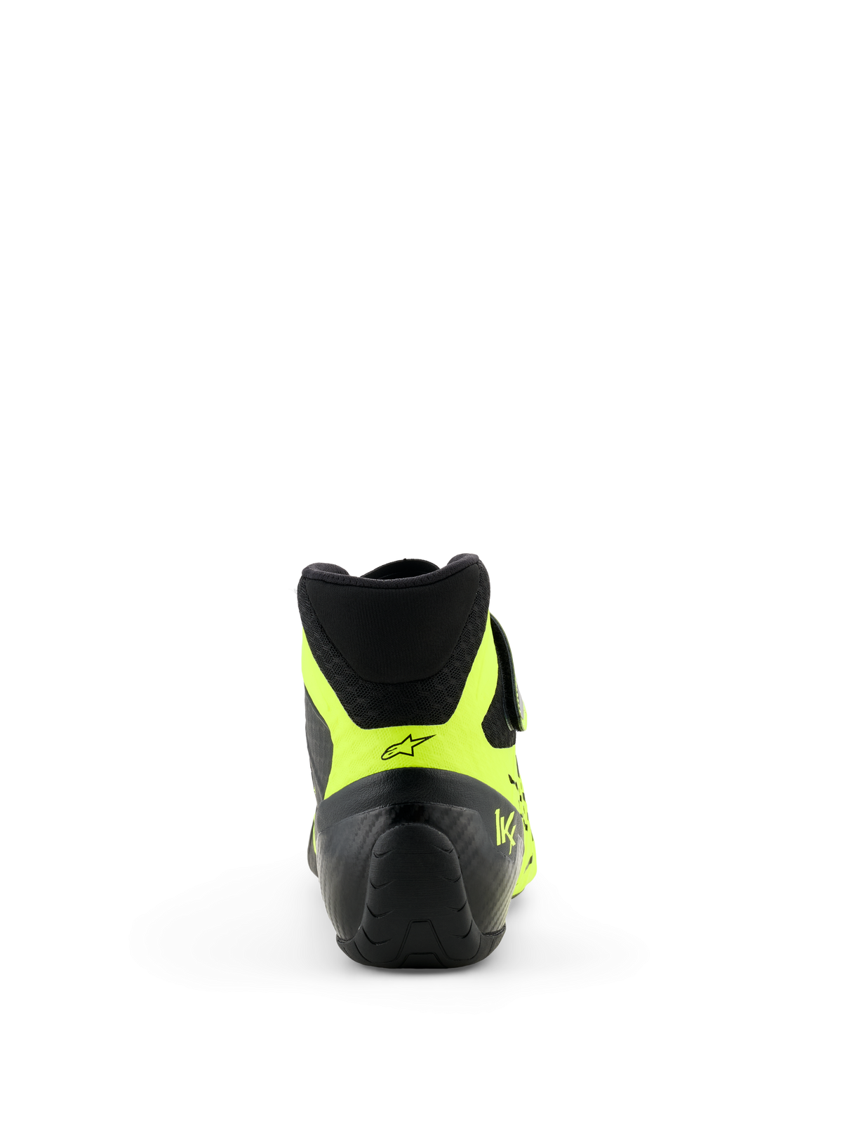 Alpinestars Tech-1 KX V3 Schuhe - FIA, Kart-Schuhe, Schwarz und Gelb Fluo, Rückansicht mit Fokus auf die Ferse, neongelbe Akzente mit schwarzem Stern-Logo und KX-Branding, professionelles Karting-Schuhwerk