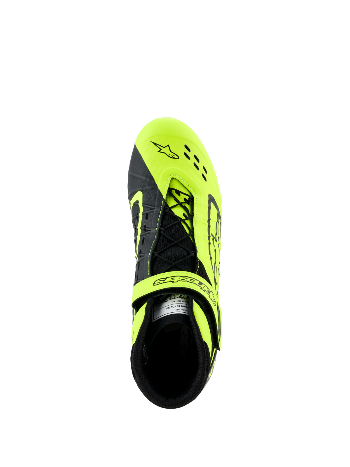 Alpinestars Tech-1 KX V3 Schuhe, Kartschuhe, Schwarz und Gelb Fluo, Draufsicht mit asymmetrischem Schnürsystem und verstellbarem Riemen, lasergeschnittene Perforationen für Atmungsaktivität, konzipiert für den Kartsport