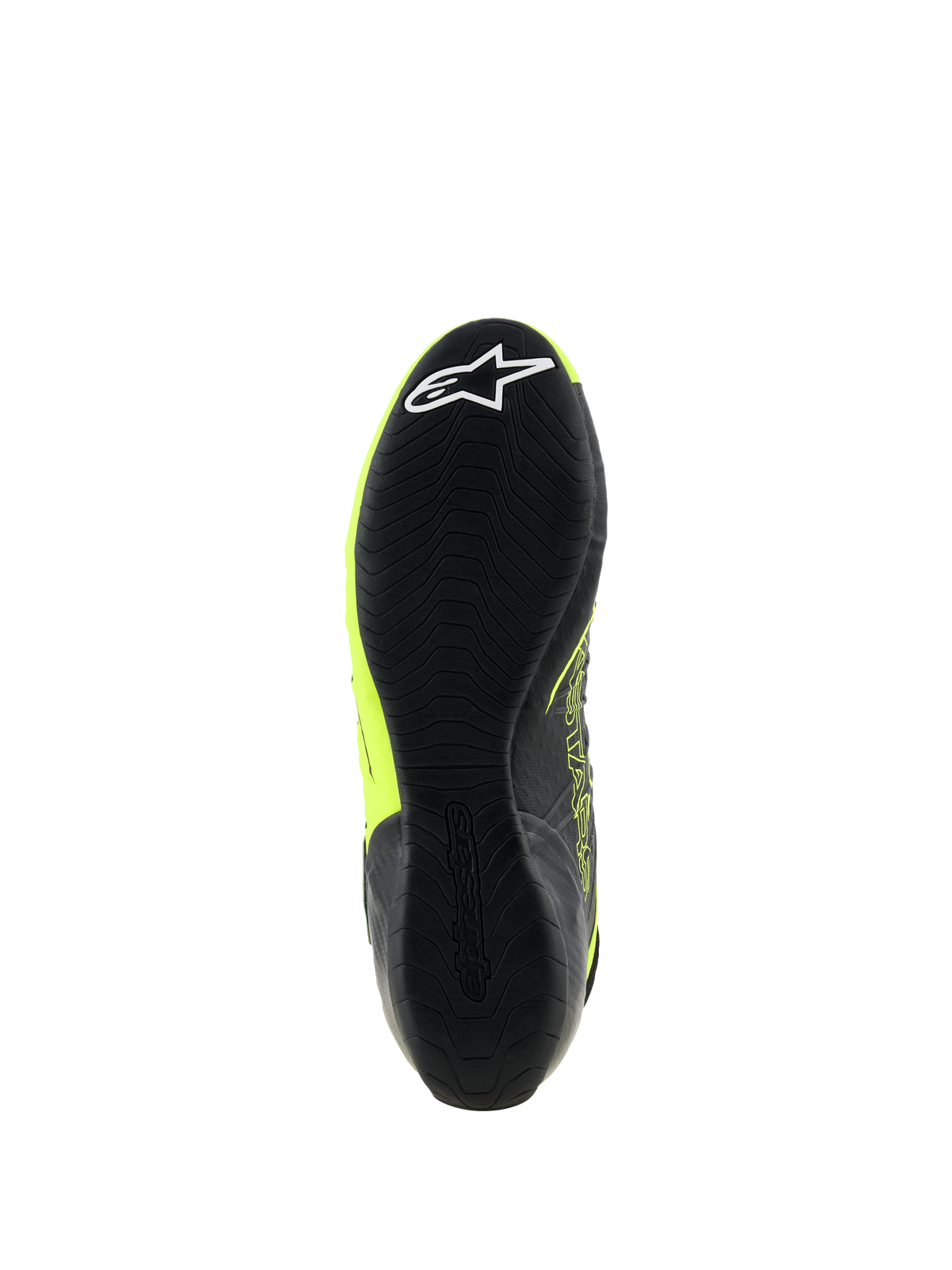 Alpinestars Tech-1 KX V3 Schuhe, Karting-Schuhe, Schwarz und Gelb Fluo, Unteransicht der dünnen Gummisohle mit strukturiertem Grip-Muster und weißem Stern-Logo an der Ferse, entwickelt für Motorsport-Performance.