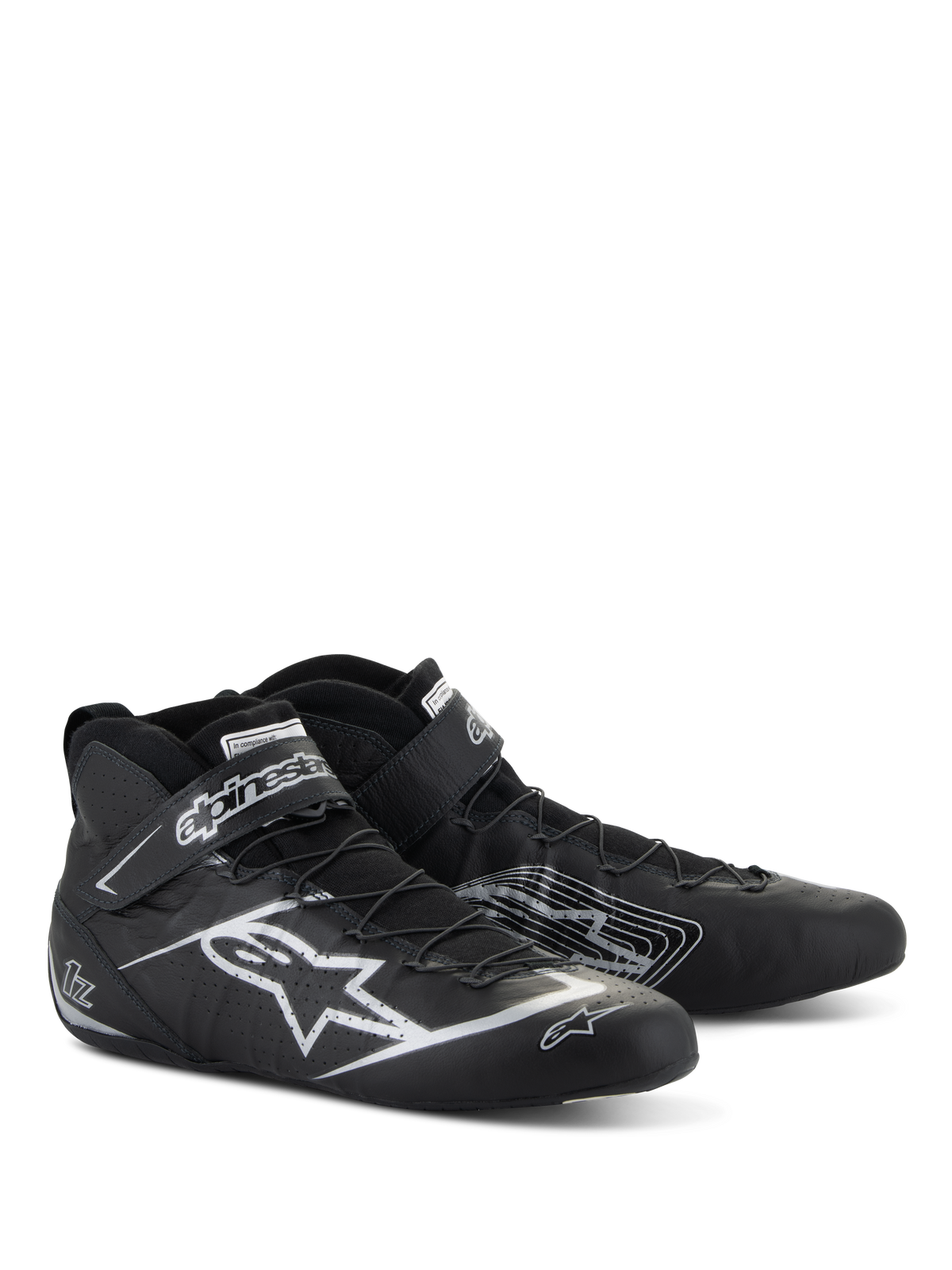 Chaussures Alpinestars Tech-1 Z V3 FIA, chaussures de course automobile, noir et argent, cuir de bovin premium avec logo Alpinestars argenté, profil bas avec système de laçage rapide et bride Velcro