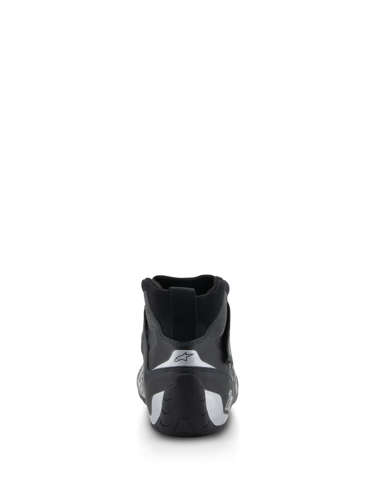 Alpinestars Tech-1 Z V3 Shoes FIA, chaussures de course automobile, noir et argent, vue arrière montrant le talon profilé avec des accents argentés et le logo en étoile, équipement professionnel de sport automobile