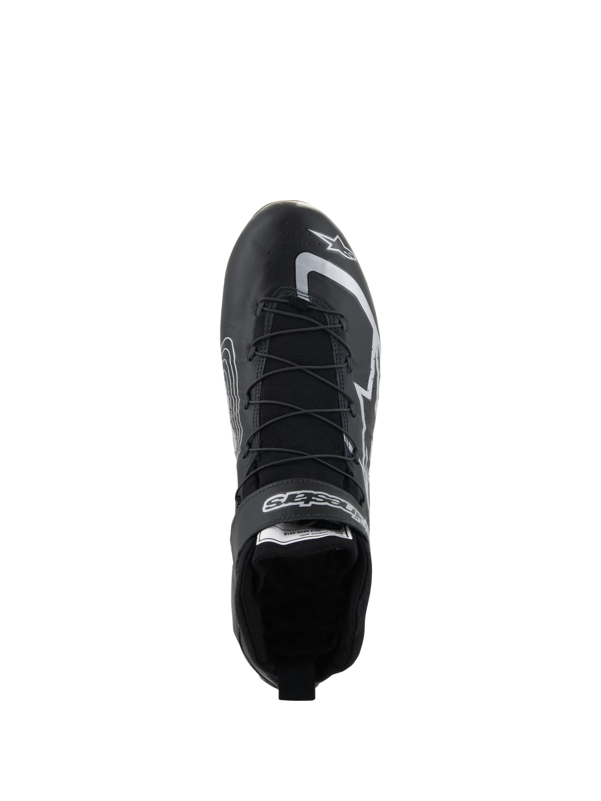 Chaussures Alpinestars Tech-1 Z V3 FIA, chaussures de course automobile, noir et argent, vue de dessus montrant le système de laçage rapide et le logo Alpinestars, chaussures de sport automobile professionnelles en cuir de bovin